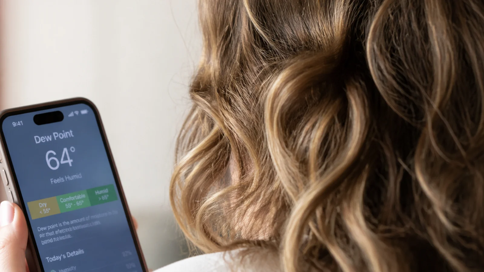 Weather app dew point reading used to decide which anti frizz products to use that day