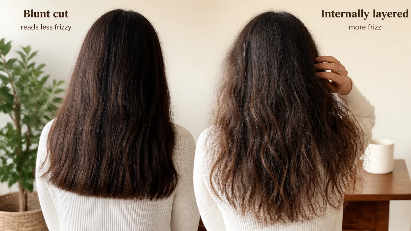 Blunt heavy ends compared with internally layered frizzy hair showing which cut reads less frizzy