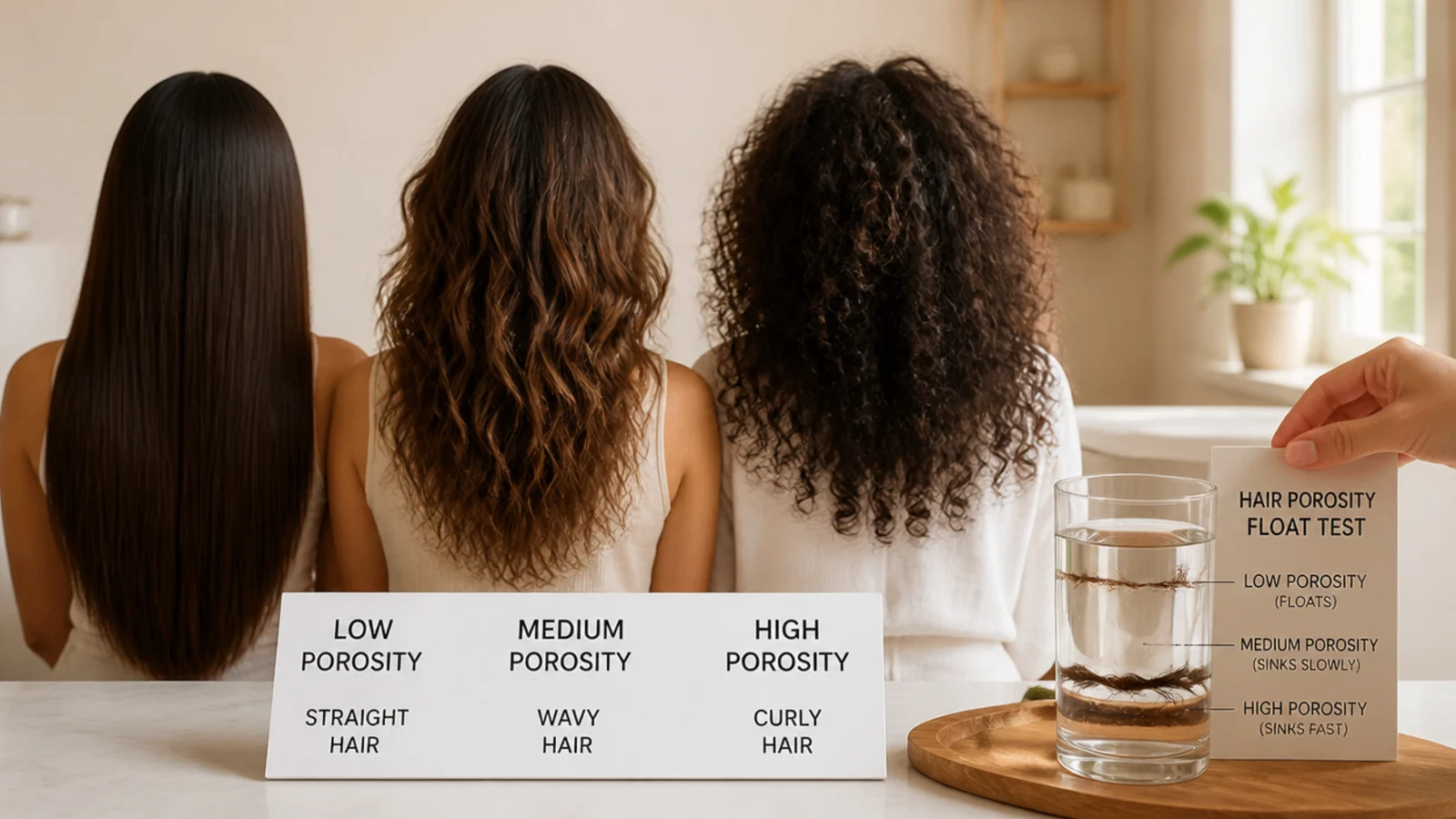 Straight, wavy and curly frizzy hair compared side by side with a porosity float test glass
