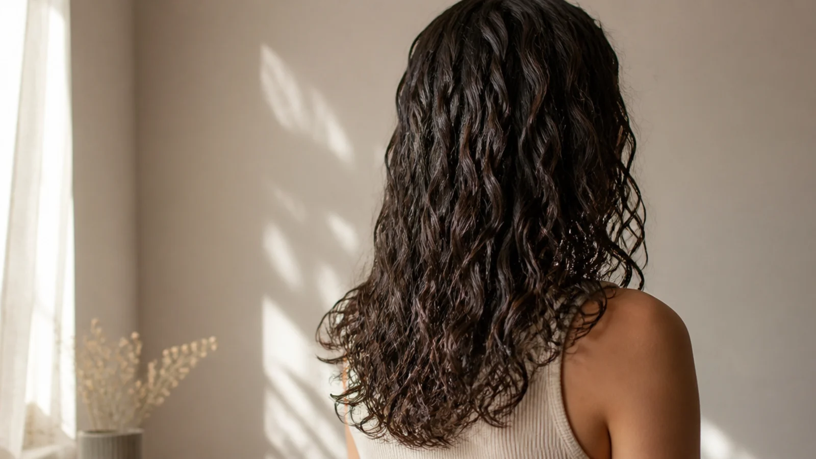 Frizzy hair routine results showing smooth sealed mid-lengths and defined ends after leave-in, cream and gel