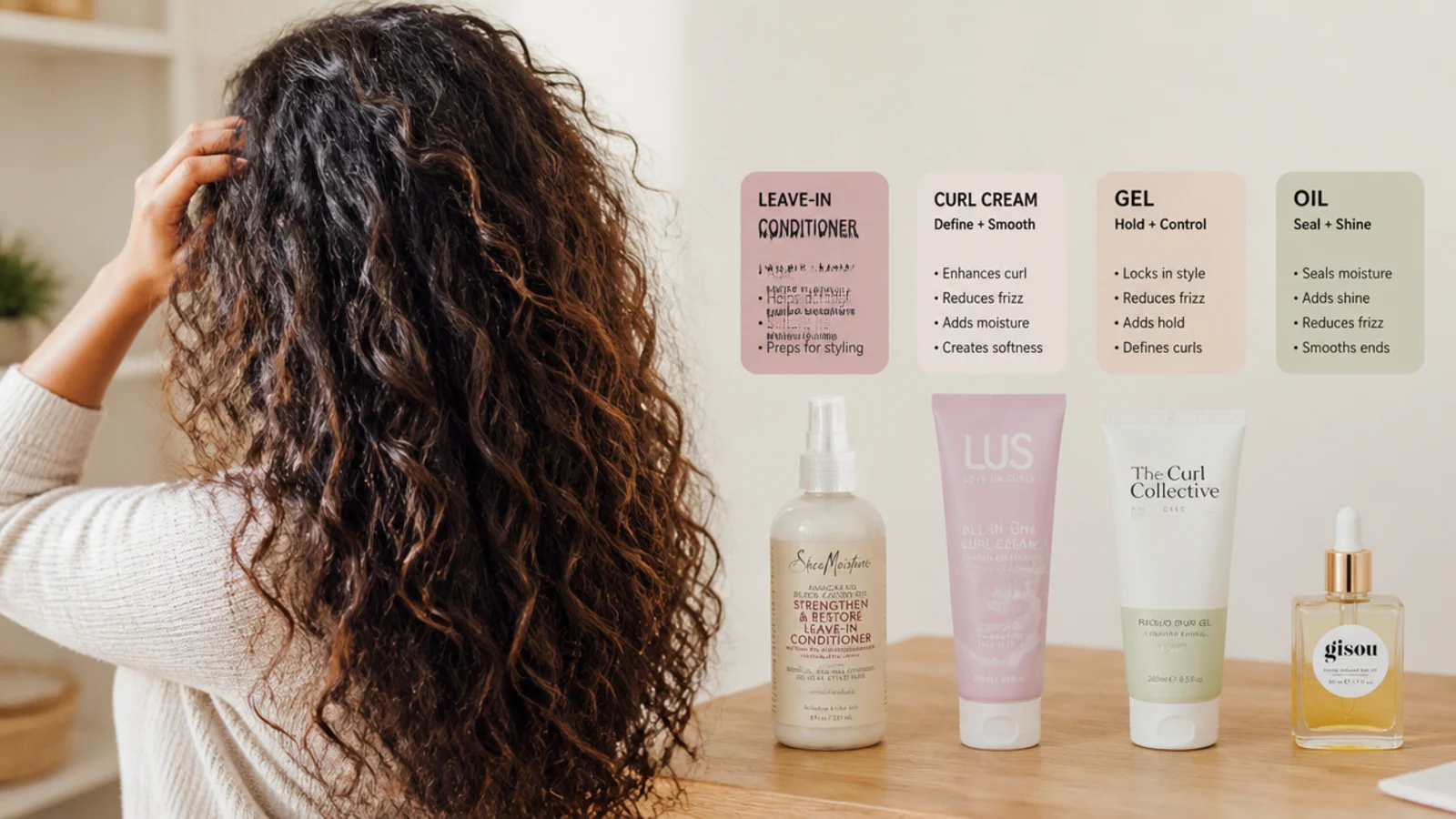 Leave-in conditioner, curl cream, gel and oil grouped by the job each does in a frizzy hair routine