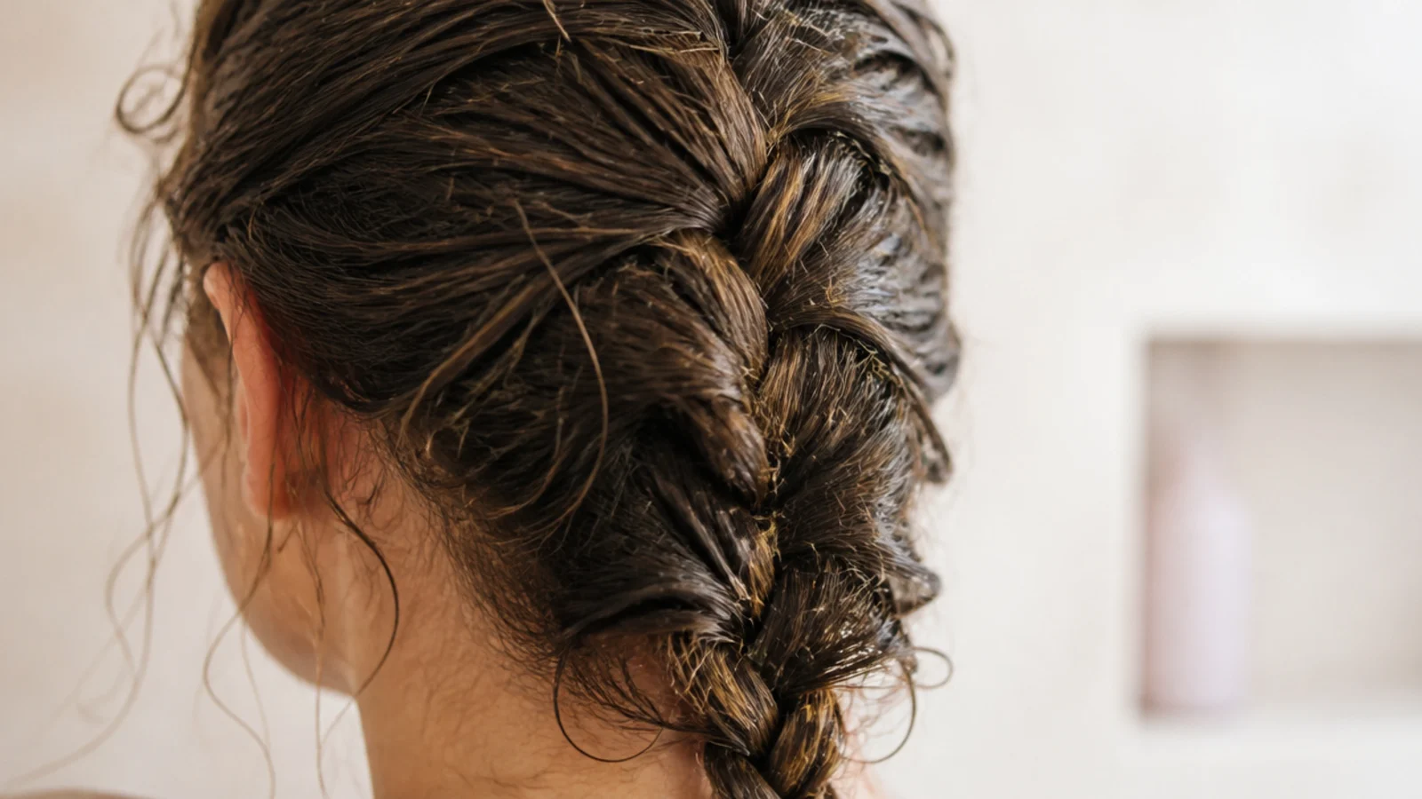 French braid plaited into soaking wet frizzy hair from the crown down to the nape