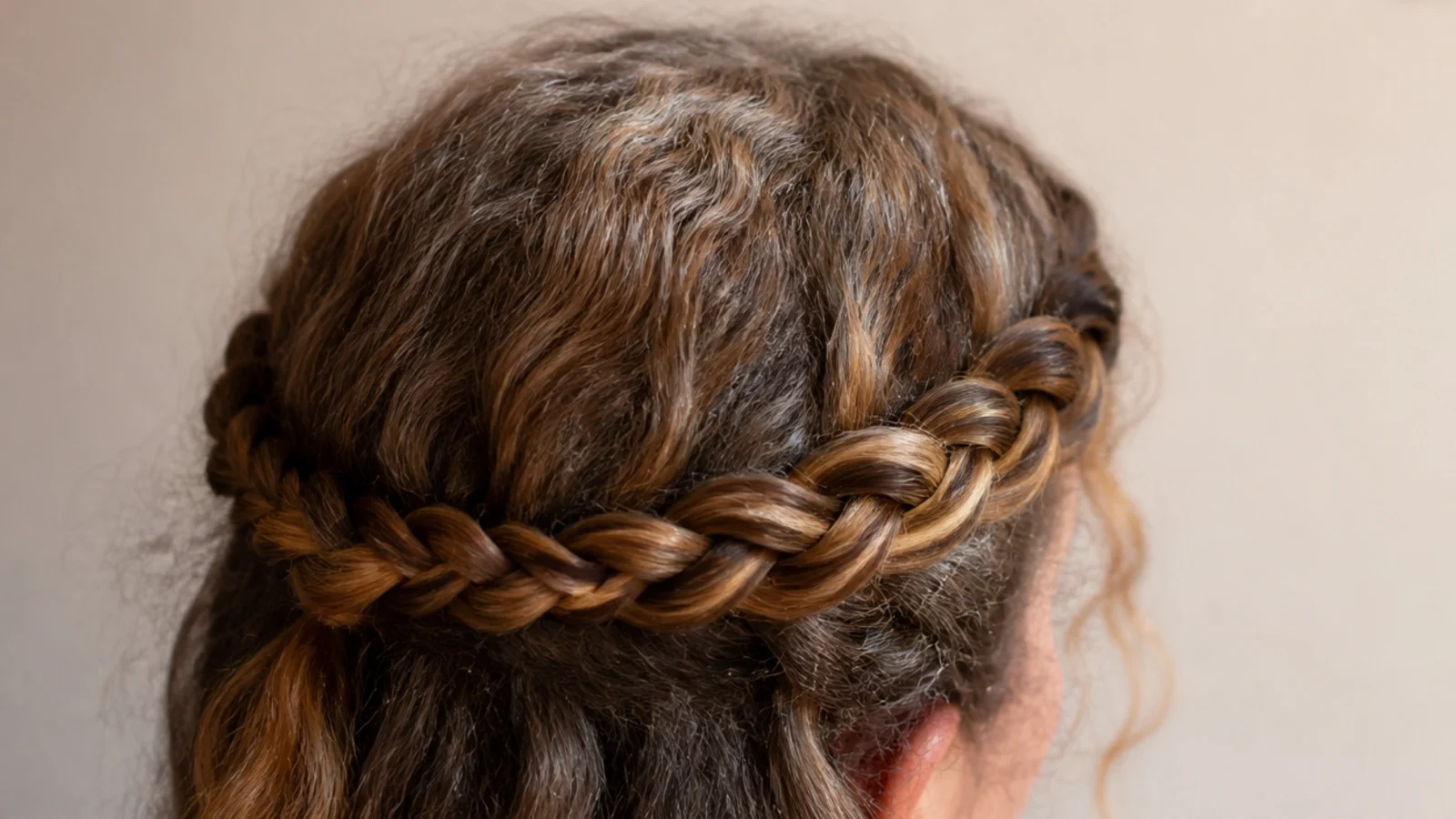 Two Dutch braids wrapped around the crown to flatten halo frizz on frizzy hair