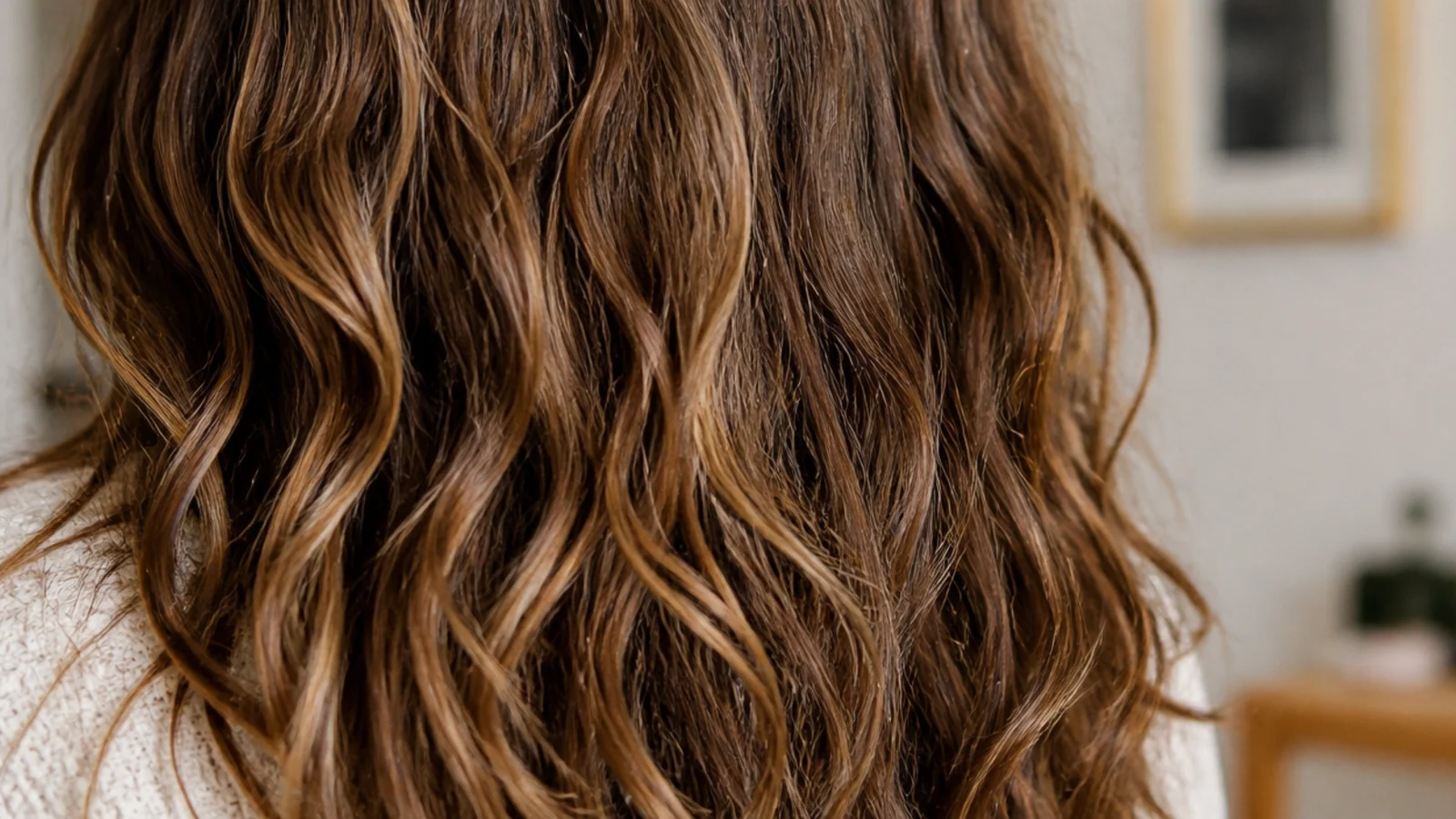 Frizzy wavy hair scrunched into defined beach waves using an inexpensive drugstore mousse