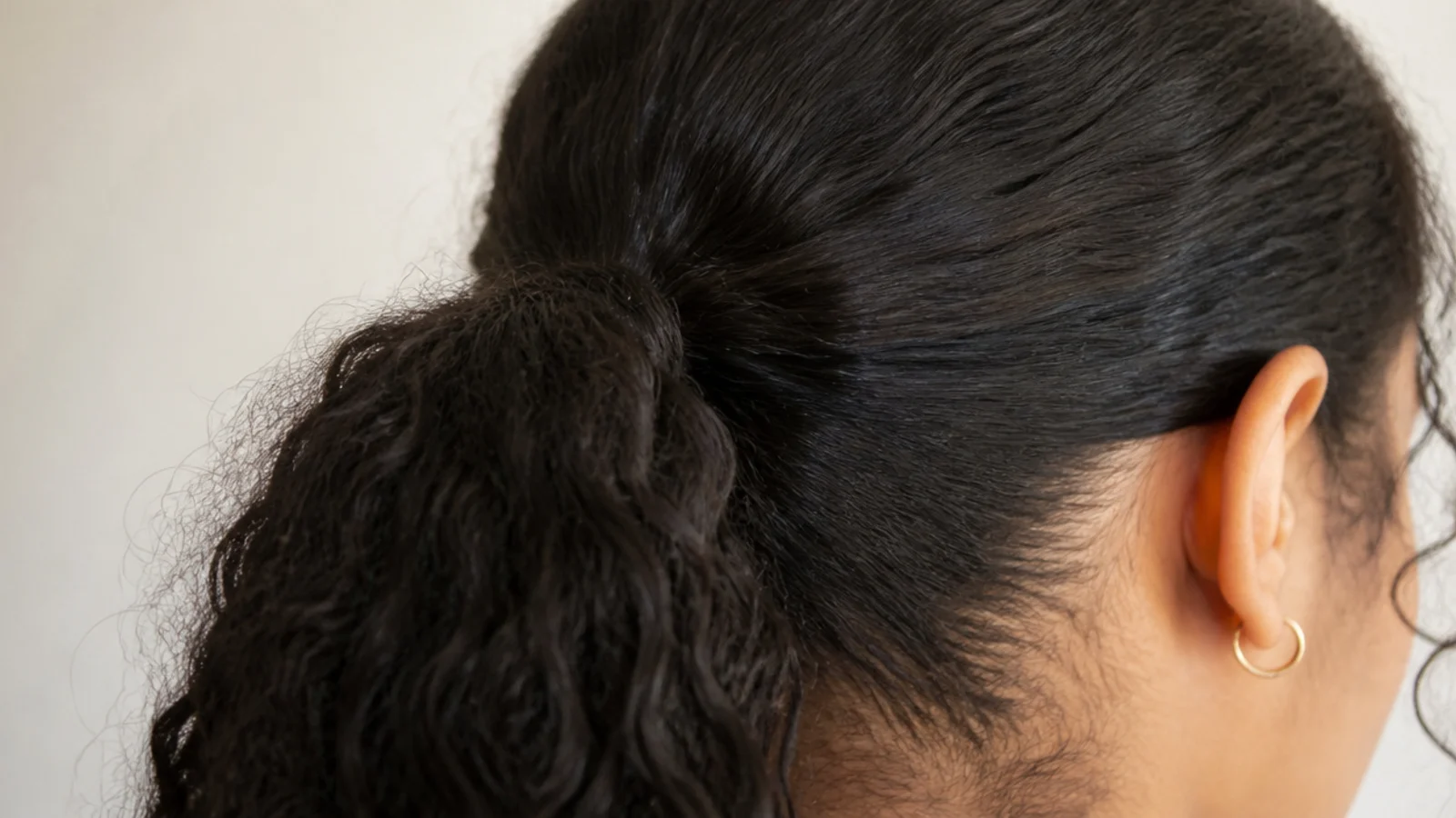 Sleek low ponytail on frizzy hair smoothed at the roots with an inexpensive firm hold gel