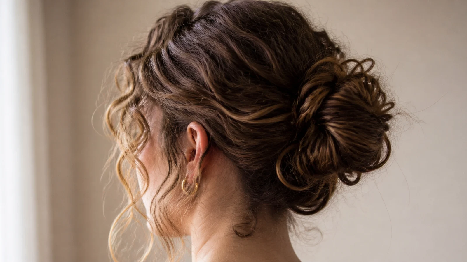 Half-up bun on frizzy curly hair with two loose face-framing pieces left down at the front