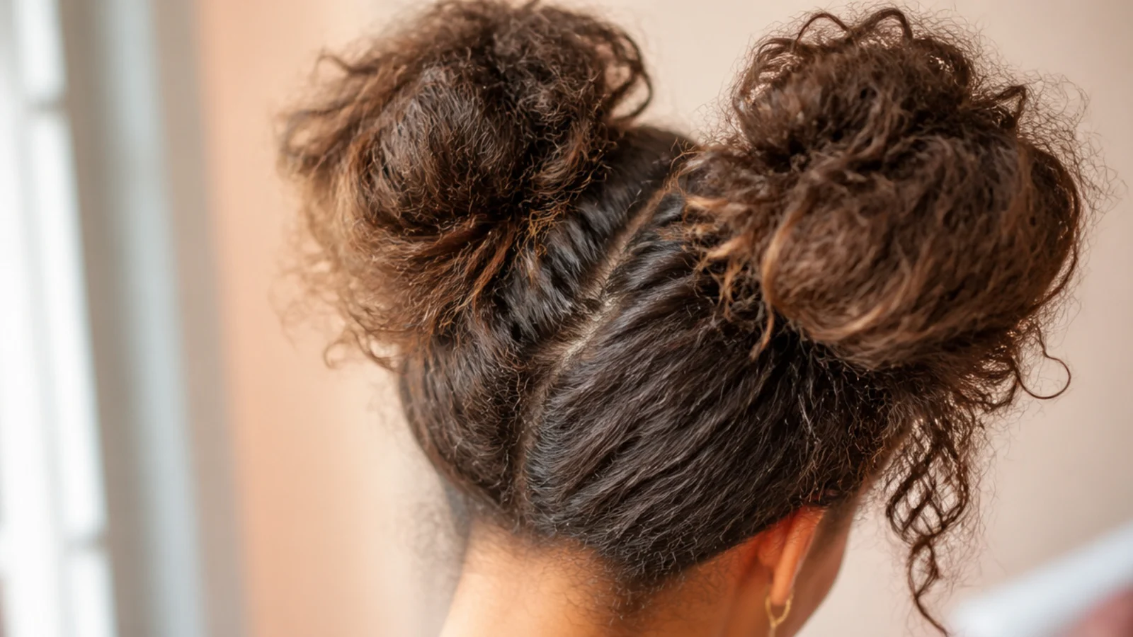 Two stacked space buns on puffy frizzy hair placed high on either side of the head