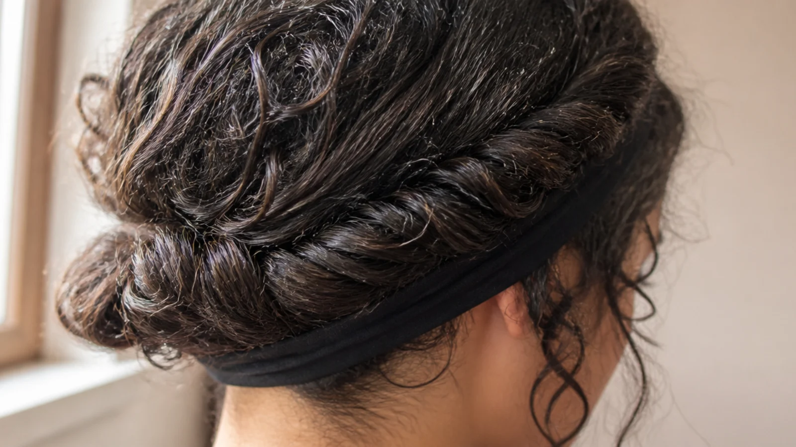 Frizzy hair twisted back on both sides and tucked under a stretchy headband into a rolled shape