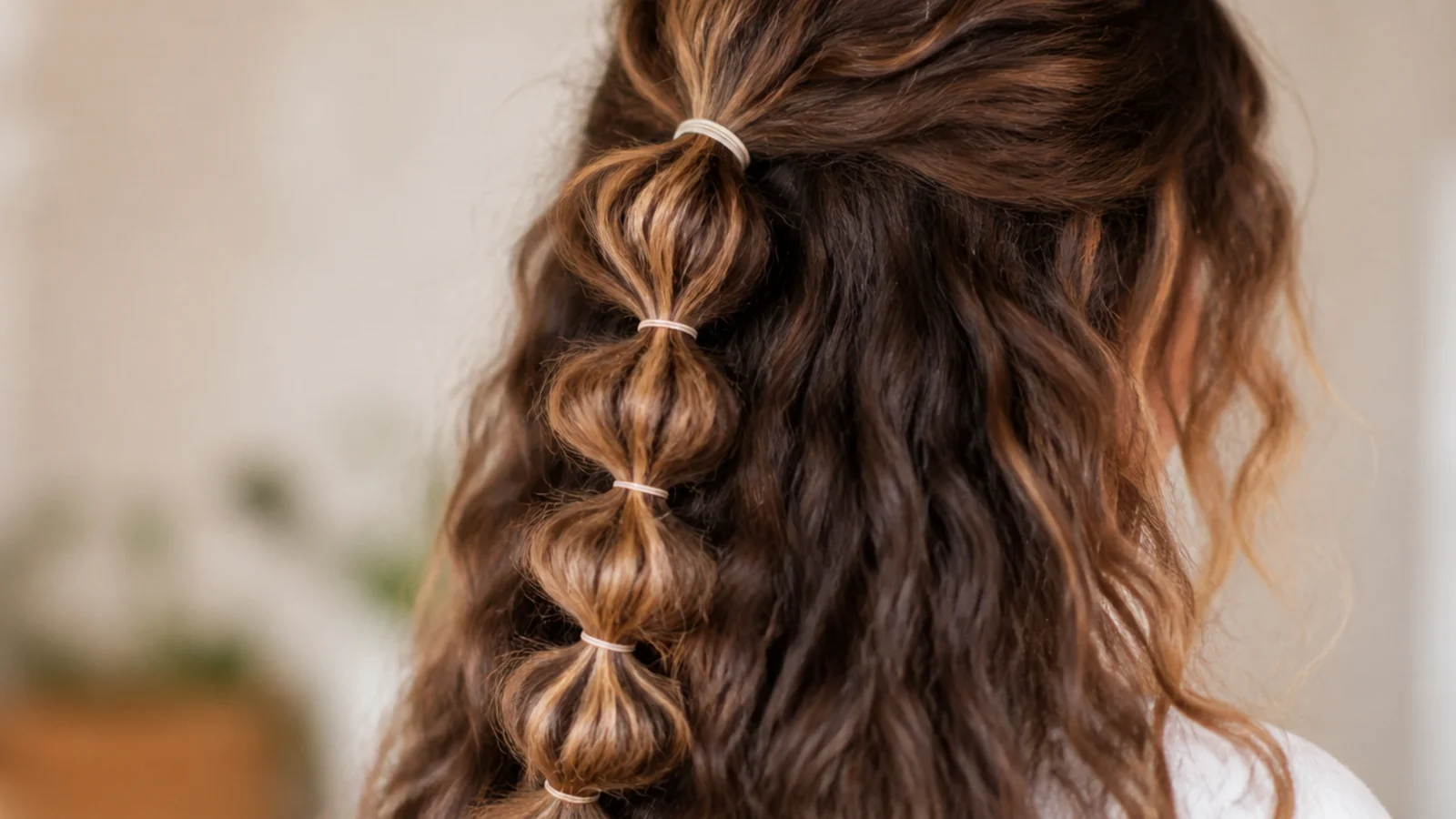Half-up bubble ponytail on frizzy hair segmented by five small elastics down the length