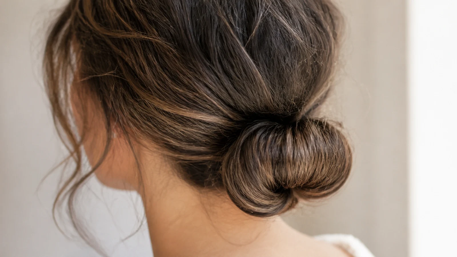 Low chignon on frizzy hair made by looping a ponytail back through itself above the elastic