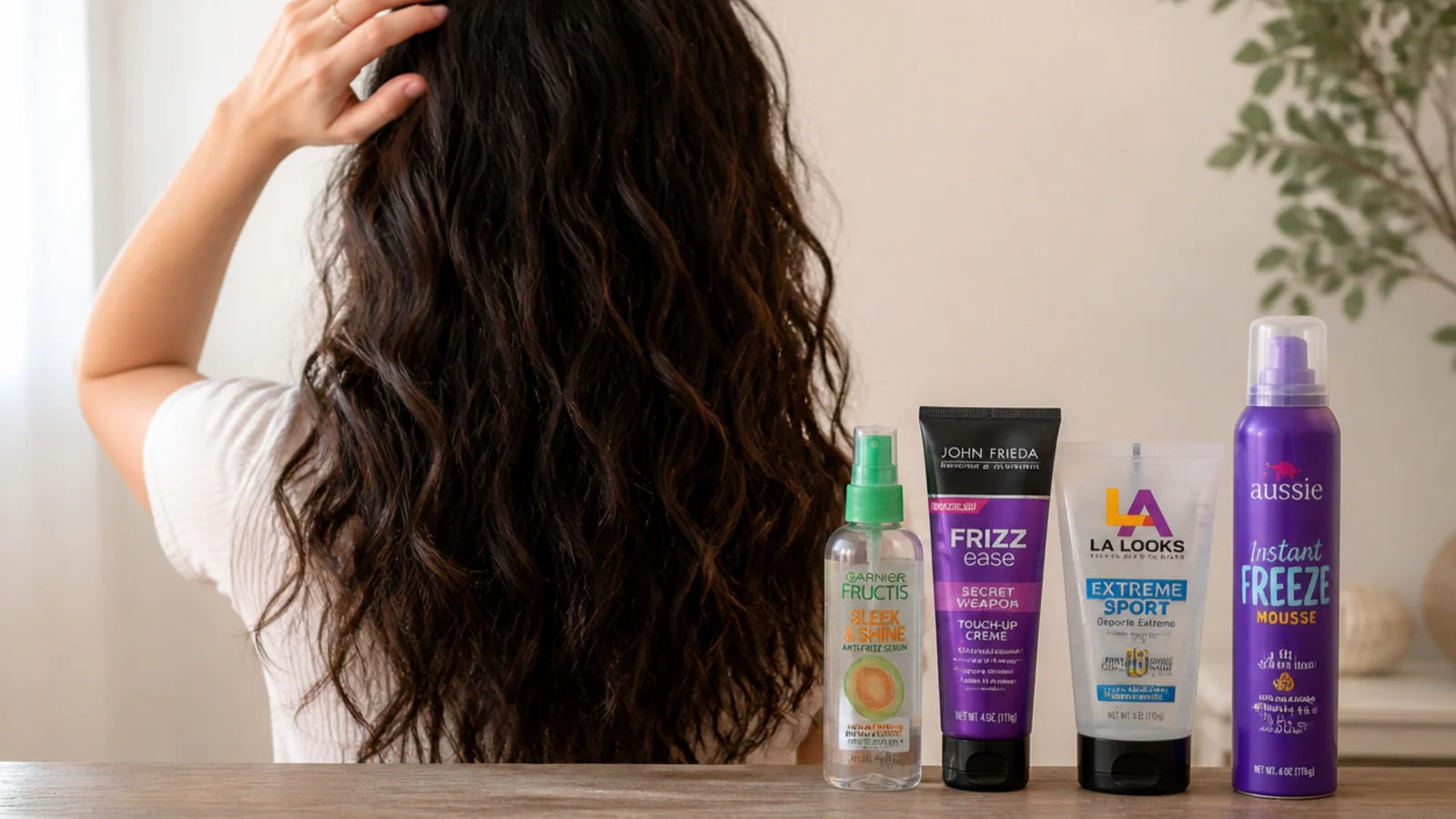 Lineup of inexpensive drugstore anti frizz products including leave-in, styling cream, gel and mousse