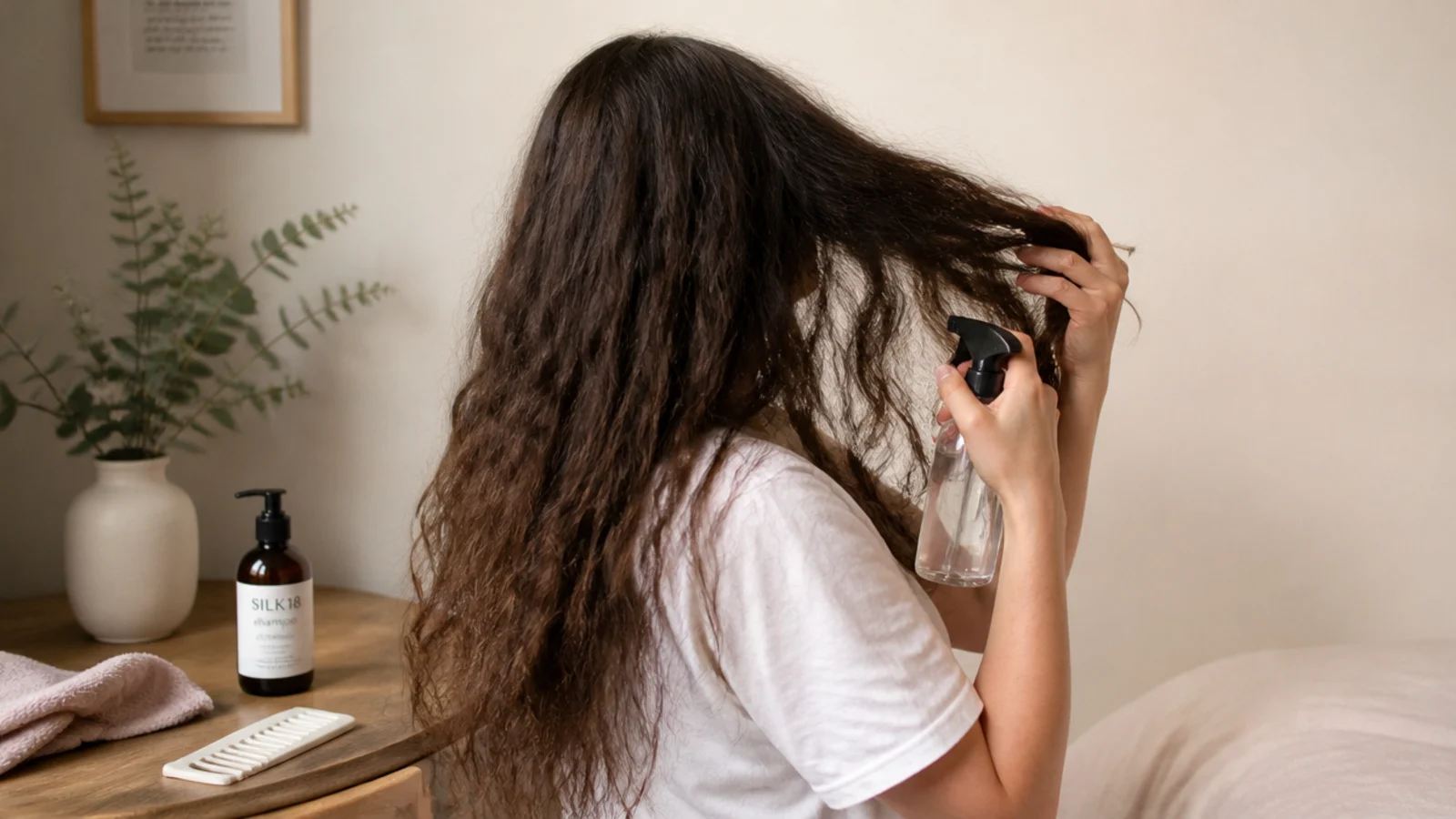 Budget wash day setup for frizzy hair with a cotton t-shirt, wide tooth comb and spray bottle