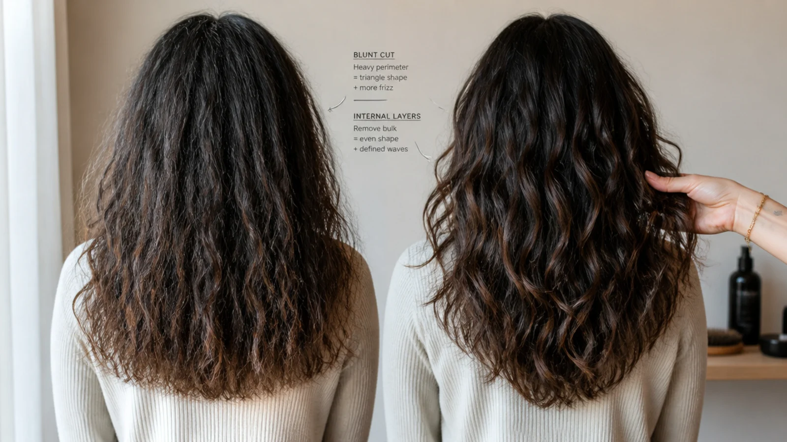 Two frizzy haircuts compared showing blunt heavy ends versus internal layers that remove bulk