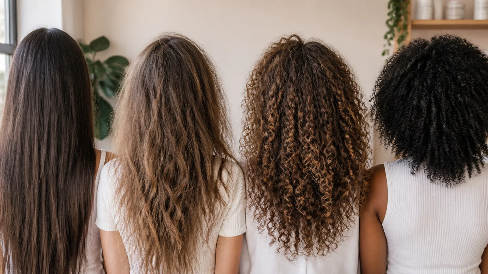 Four hair types compared side by side showing how frizz appears on straight, wavy, curly and coily hair
