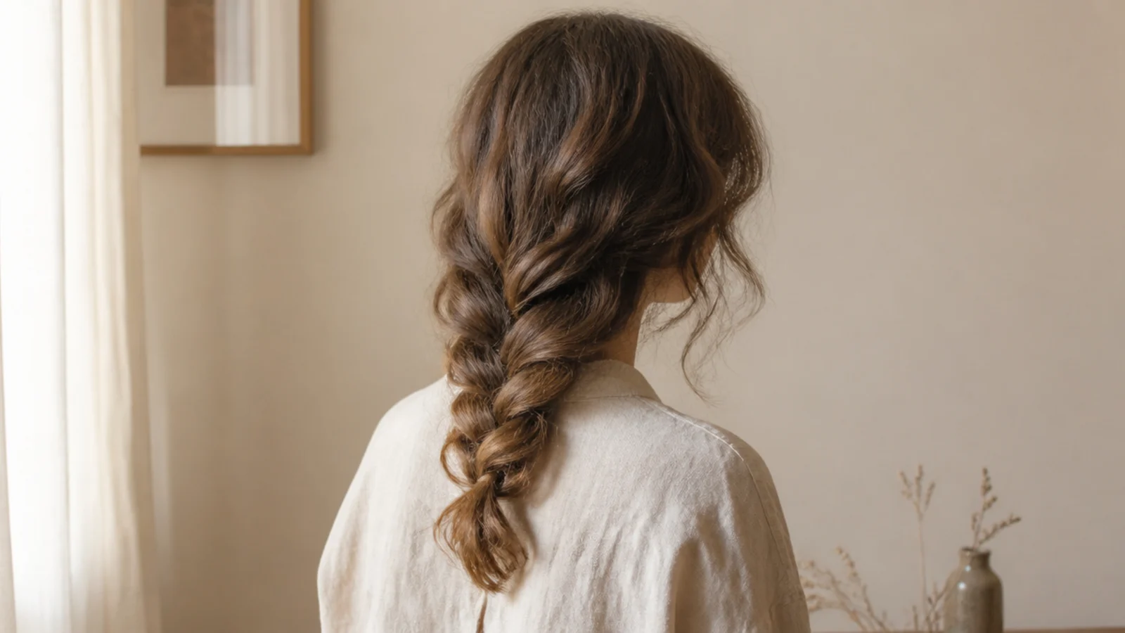 Shoulder-length frizzy hair styled into a loose braid and soft waves using no product at all