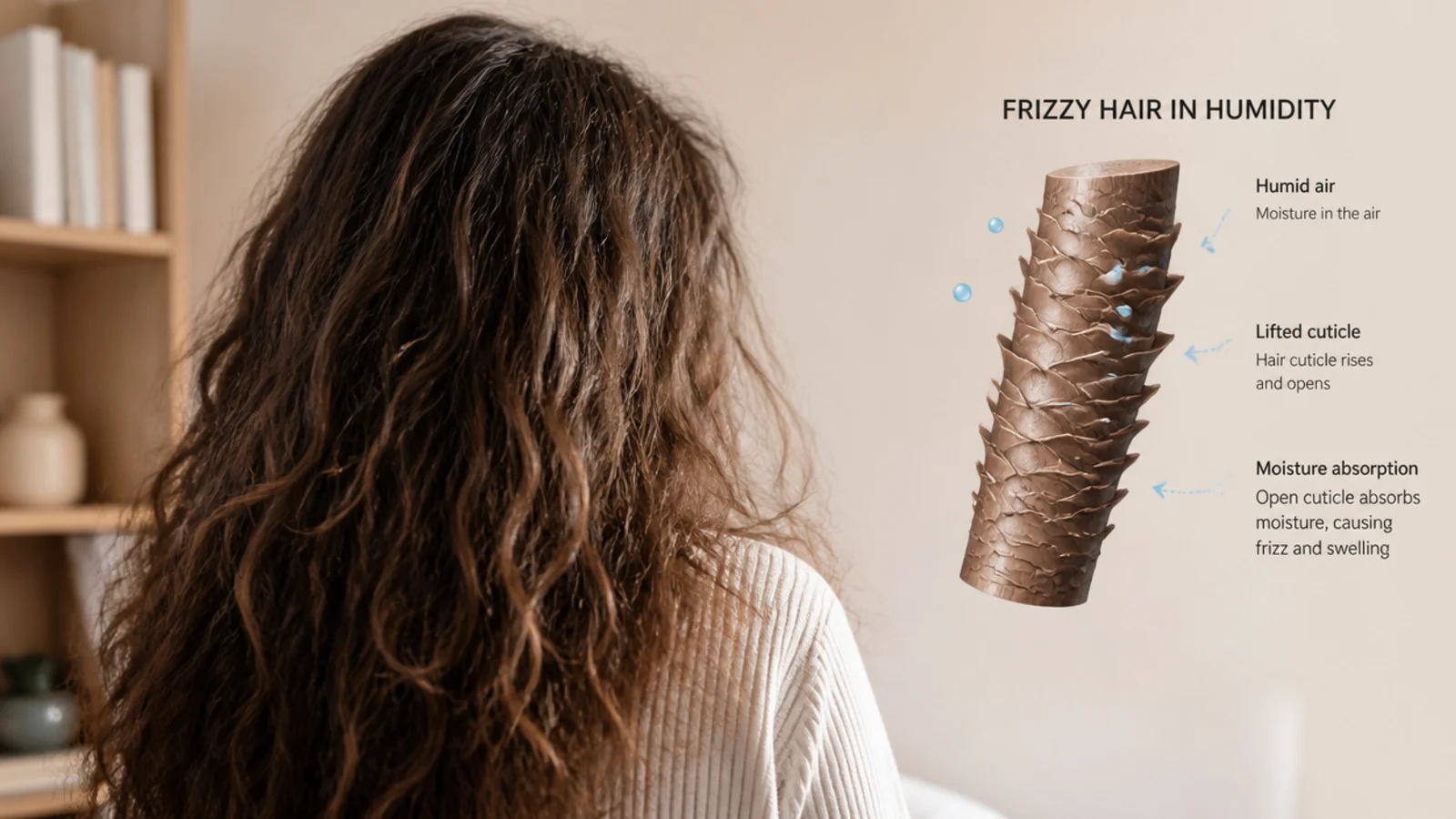 Diagram of a frizzy hair shaft with a lifted cuticle absorbing moisture from humid air