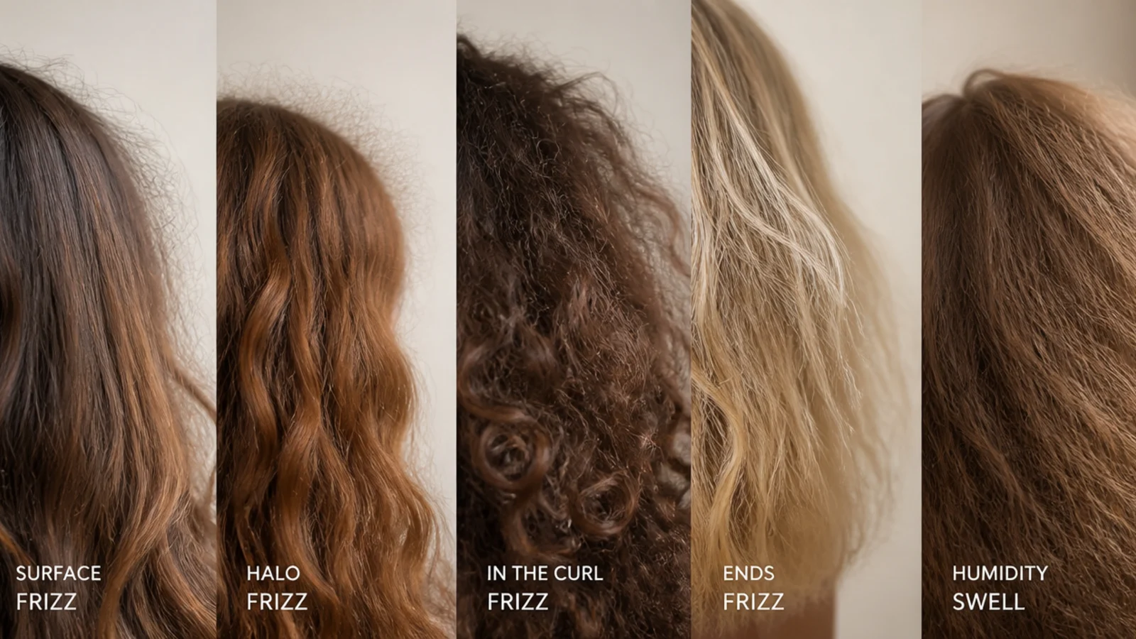 Five frizzy hair types compared, surface frizz, halo frizz, in the curl frizz, ends frizz and humidity swell