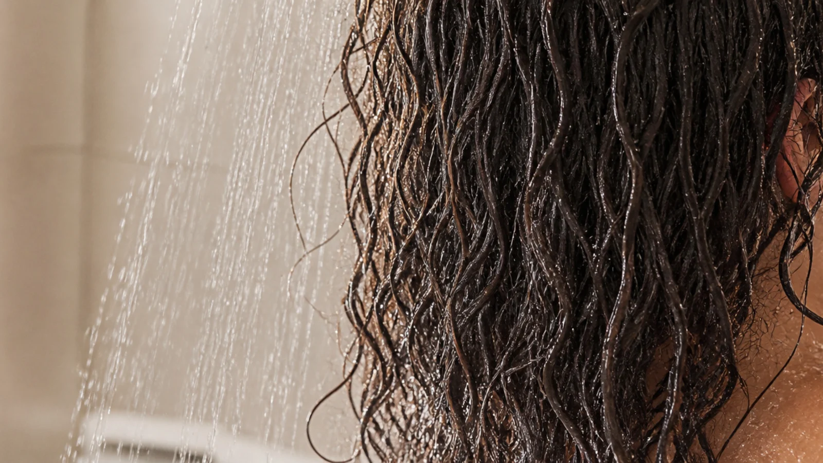 Cold water rinsing over frizzy hair at the end of a shower to seal the cuticle flat