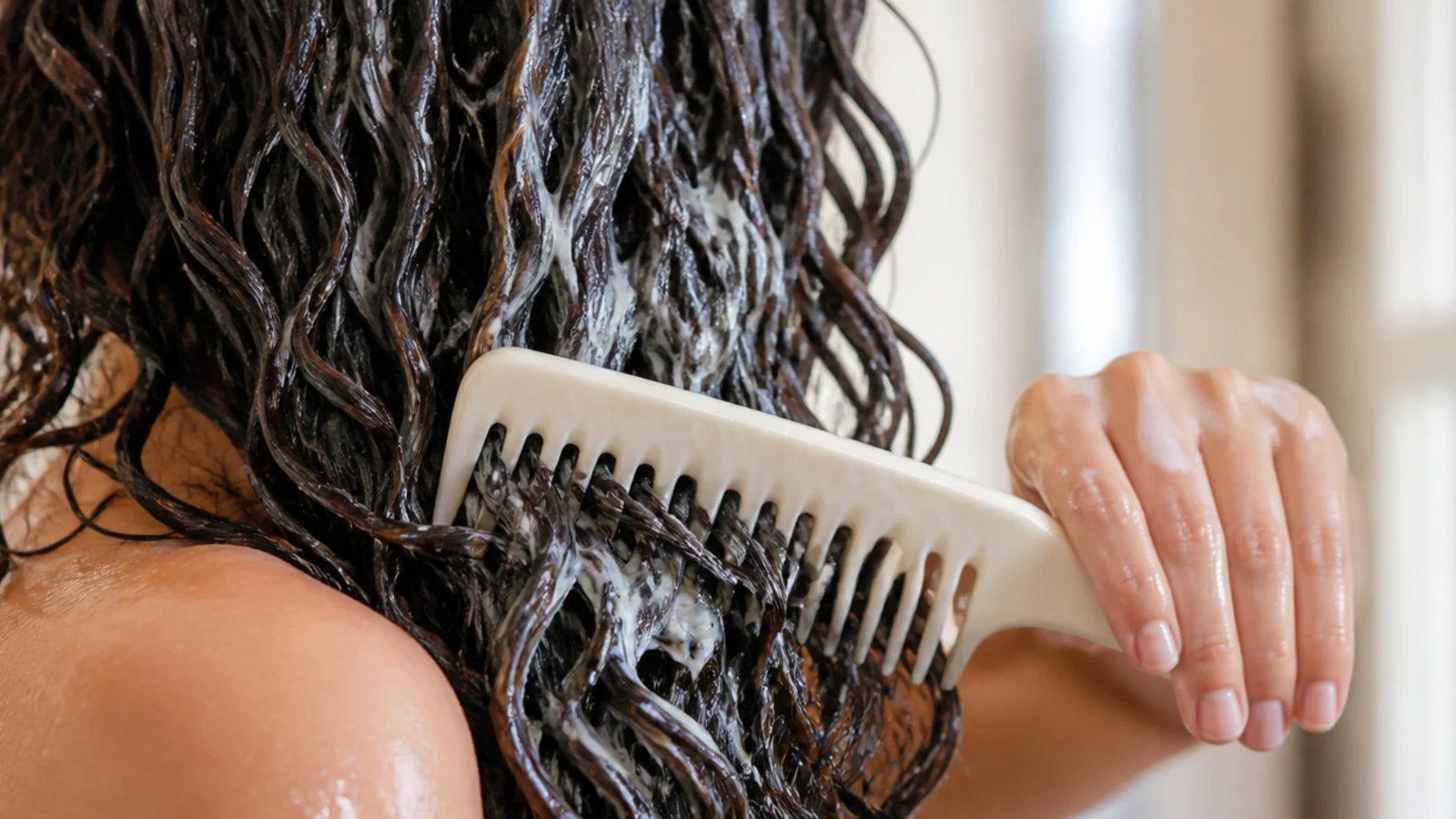 Wide tooth comb detangling frizzy hair coated in conditioner while still in the shower