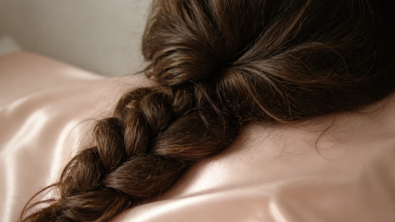Frizzy hair in a loose braid resting on a silk pillowcase to prevent overnight friction frizz
