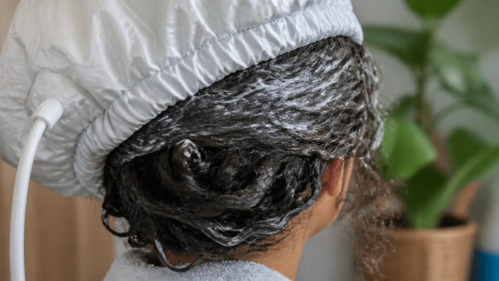 Hair mask applied to frizzy hair under a heat cap to help low porosity hair absorb moisture