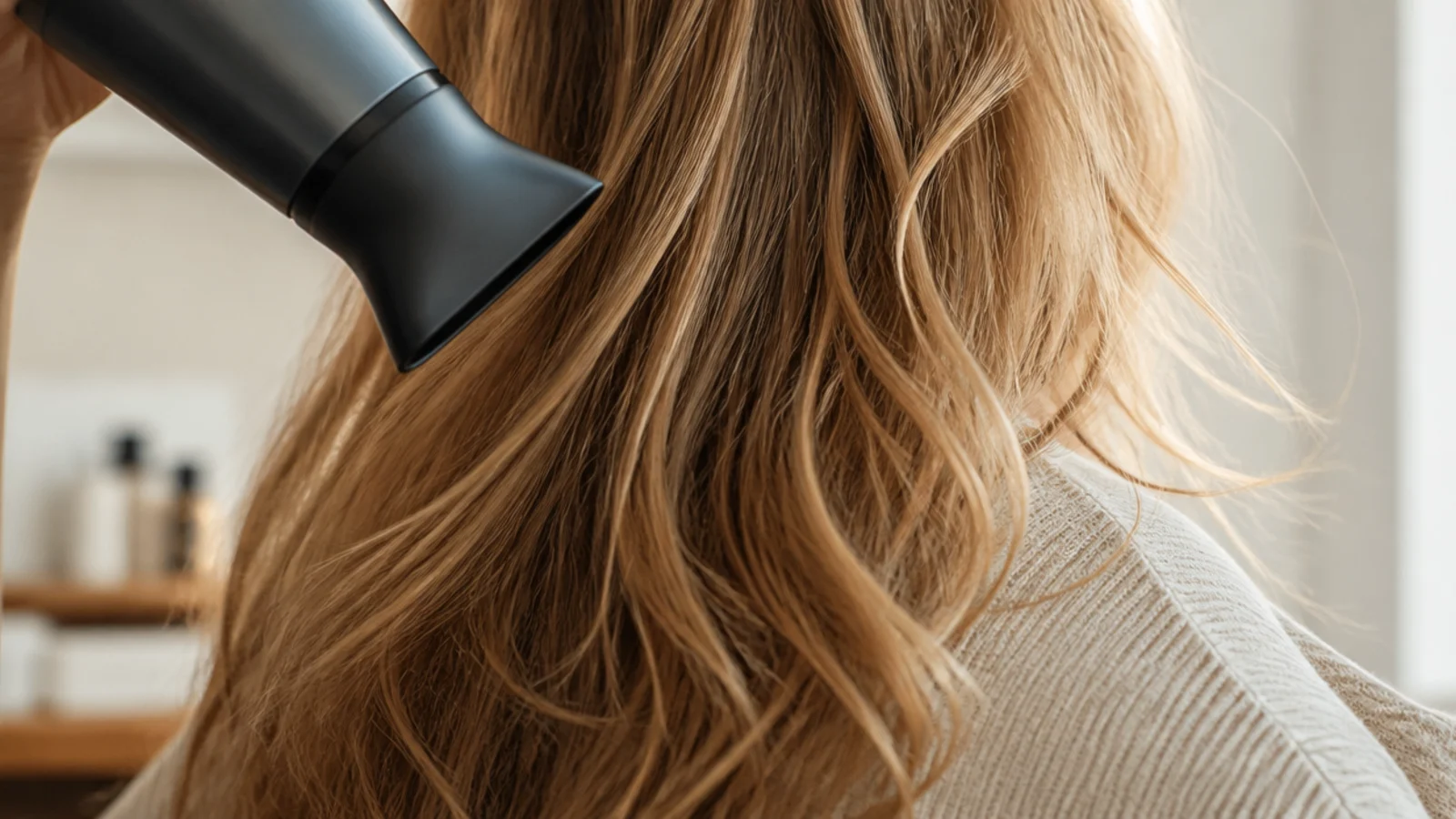 Blow dryer with concentrator nozzle aimed downward along the hair shaft to smooth the cuticle