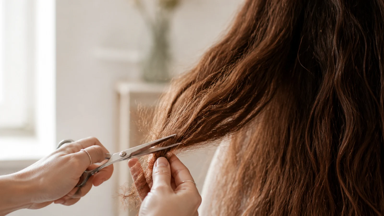 Half inch trim being taken off worn split ends of long frizzy hair to remove ends only frizz