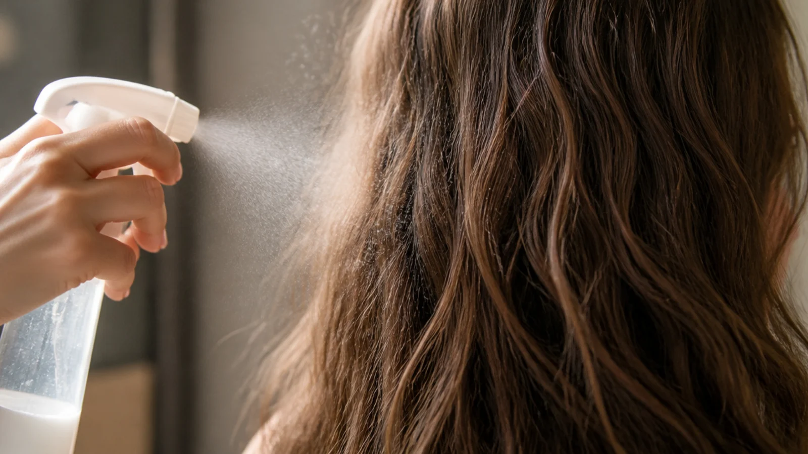 Spray bottle of water and leave-in conditioner misting day two frizzy hair to reshape the waves