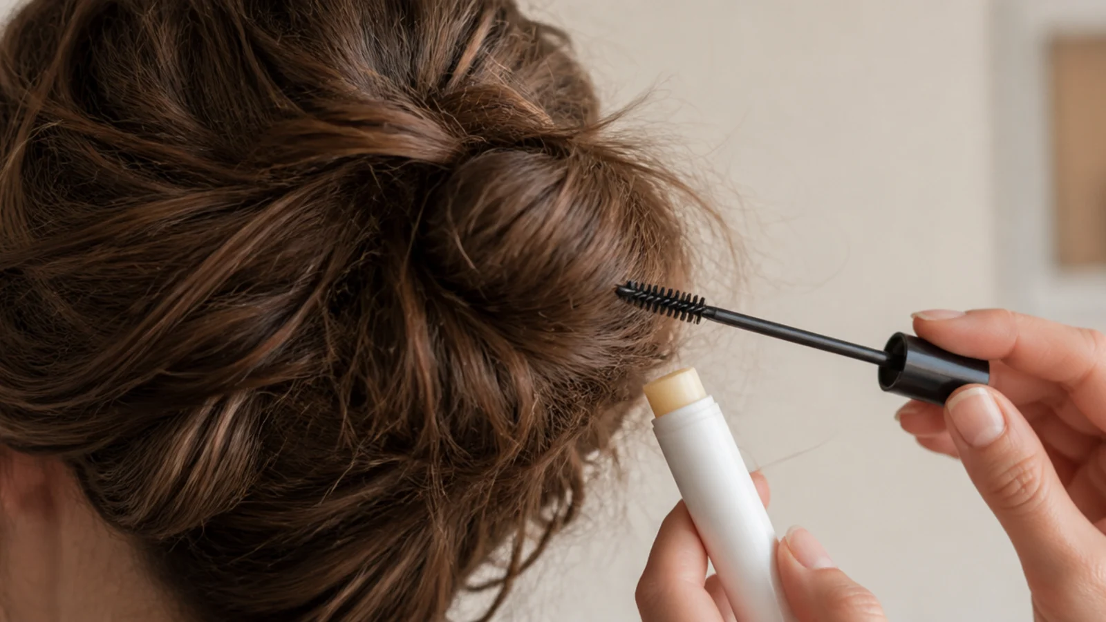 Clean mascara wand and lip balm used as an emergency fix for flyaways on frizzy hair