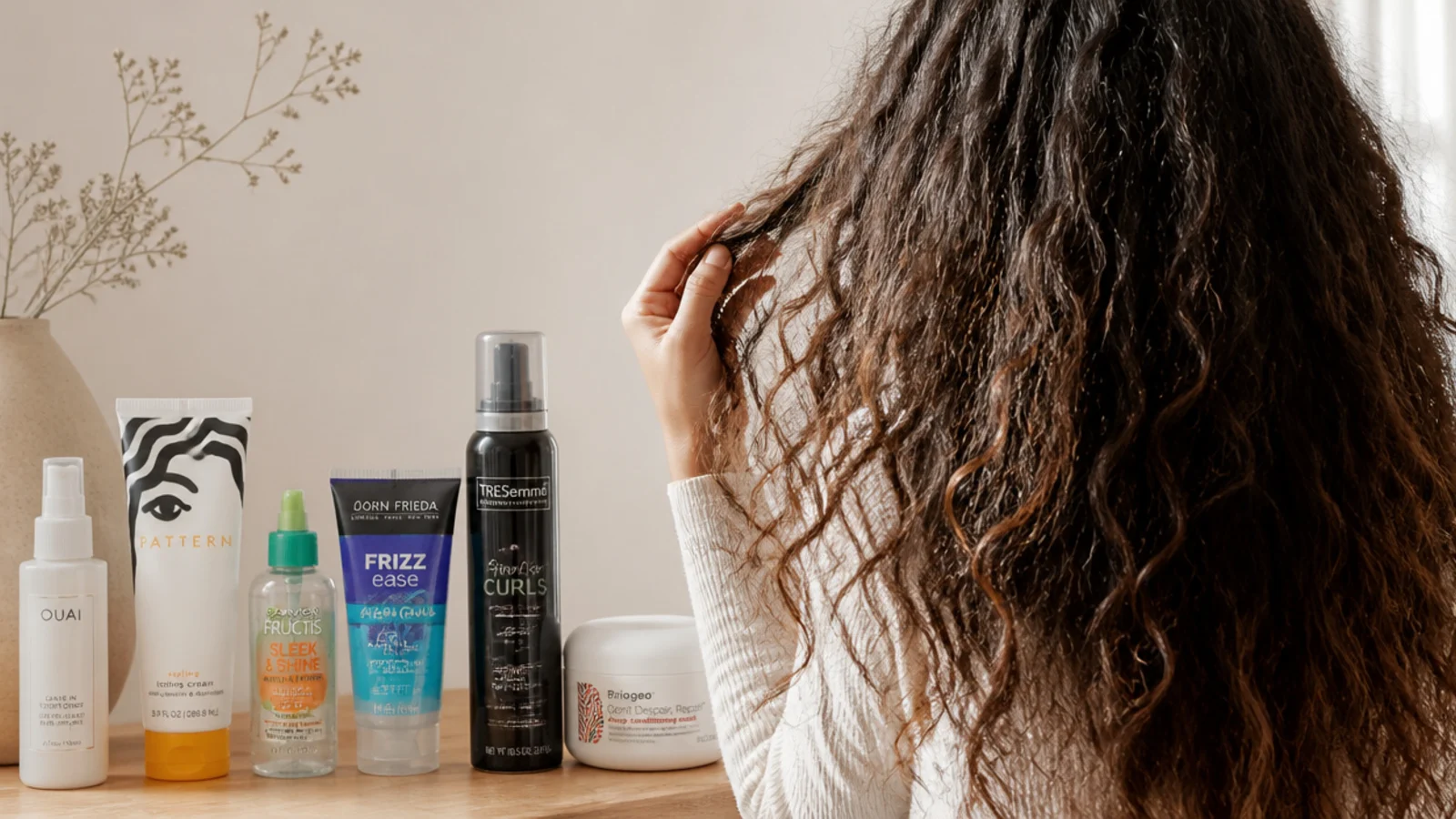 Anti frizz products for frizzy hair including leave-in, cream, gel, mousse, serum and hair mask