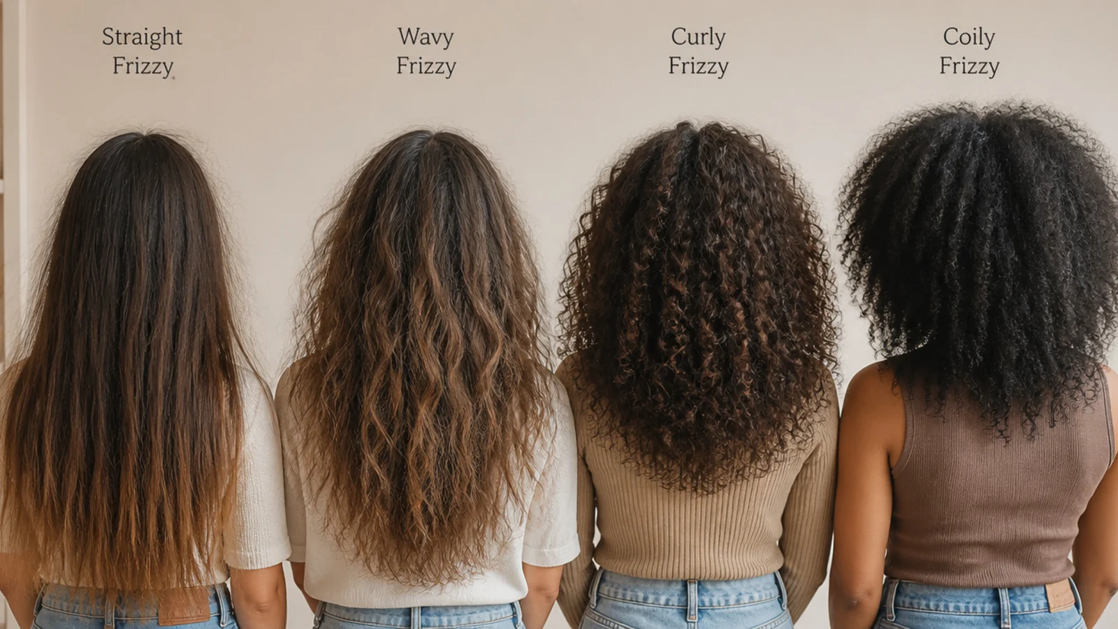 Four hair types compared showing how frizz appears on straight, wavy, curly and coily frizzy hair