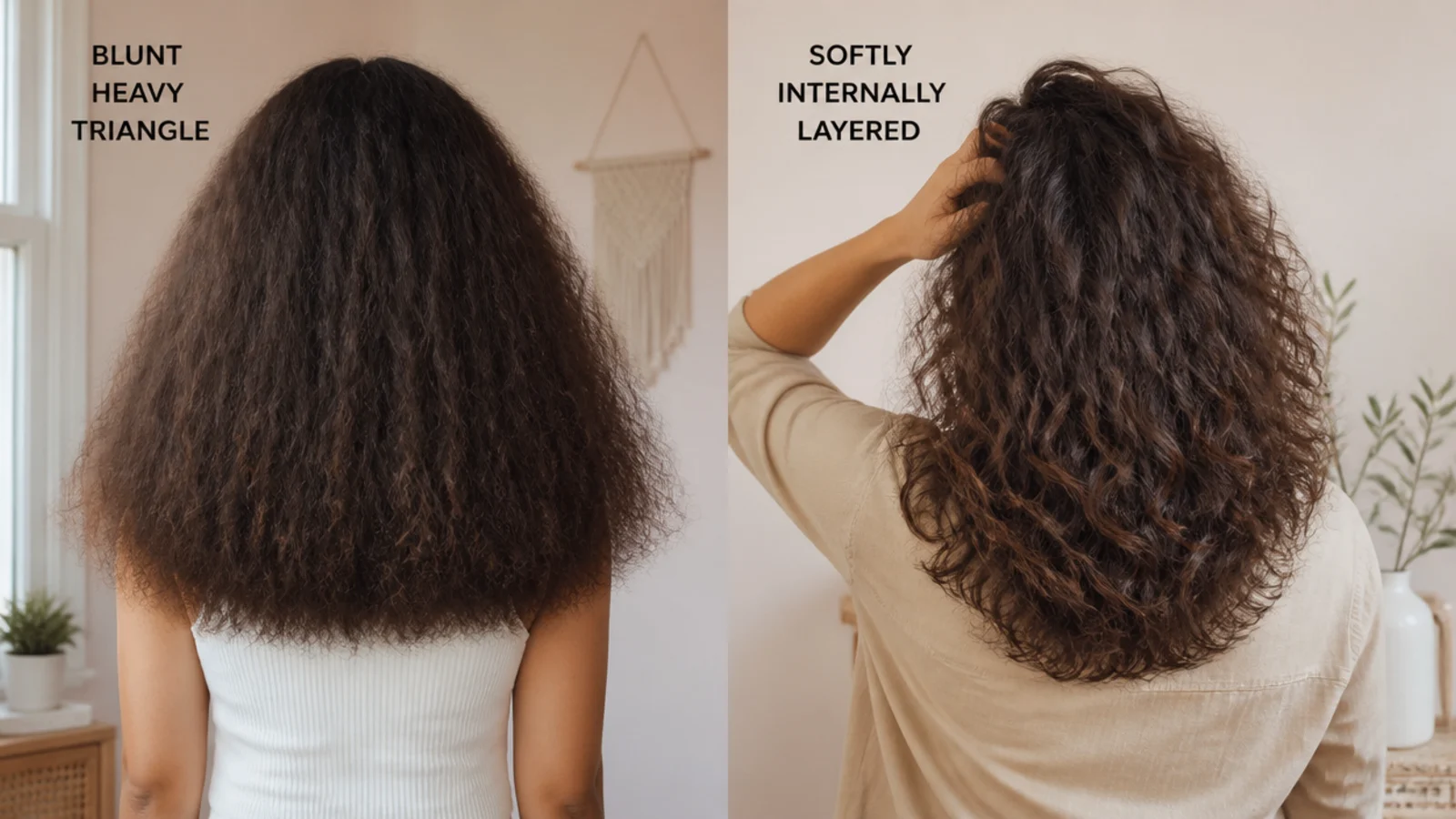 Two haircuts for frizzy hair compared, a blunt heavy triangle shape and a softly internally layered cut