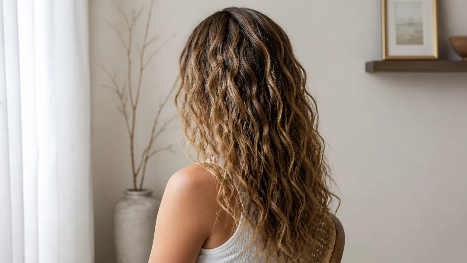 Long wavy frizzy hair smoothed with leave-in and gel, showing defined waves and a sealed cuticle