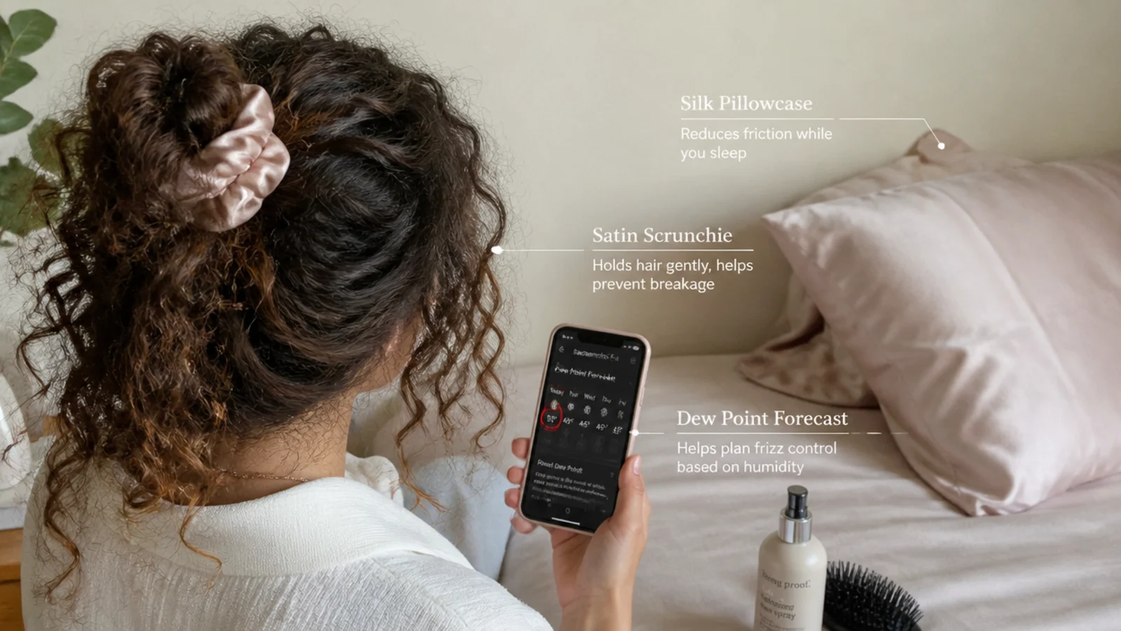 Silk pillowcase, satin scrunchie and dew point forecast used as daily anti frizz habits for frizzy hair