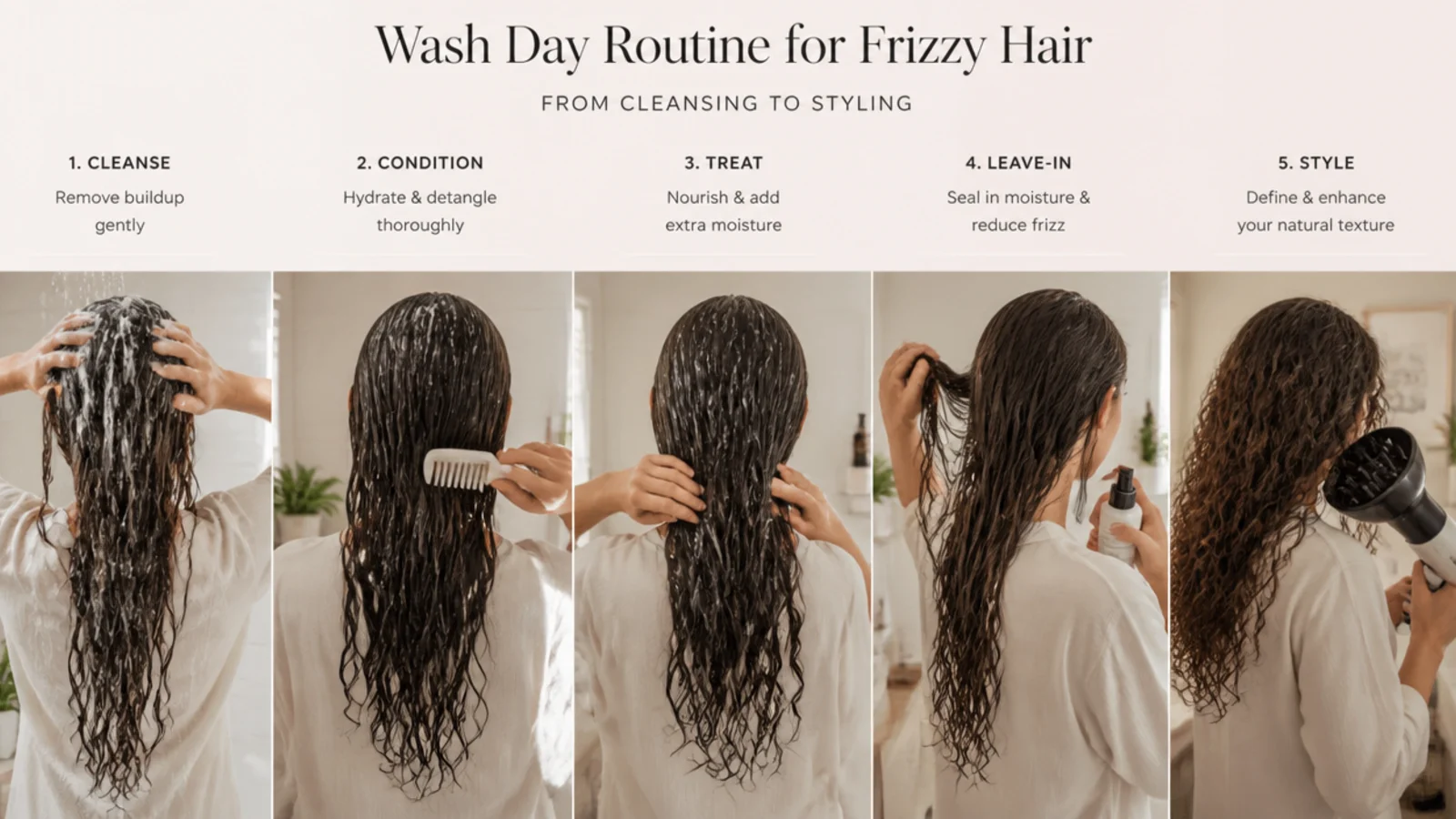 Wash day routine steps for frizzy hair laid out from cleansing to styling on soaking wet hair