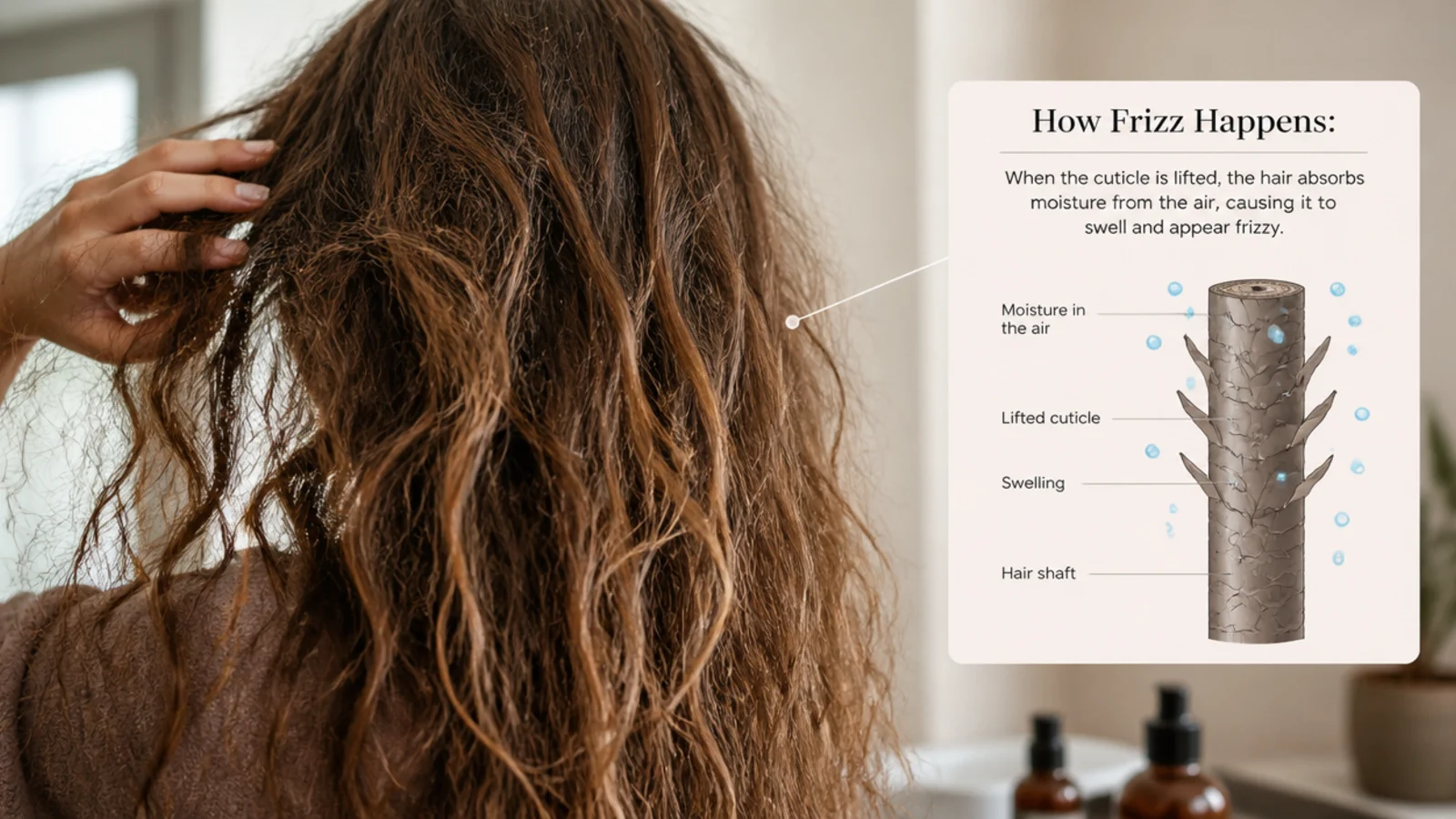 Diagram of a hair shaft showing a lifted cuticle absorbing ambient moisture and causing frizz