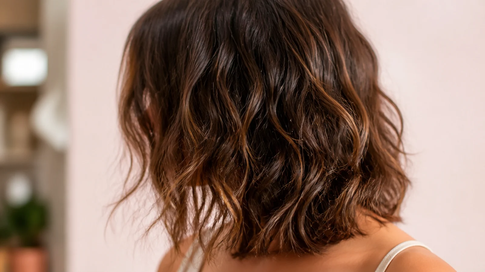 Middle part frizzy wavy hair with collarbone length face framing layers falling forward