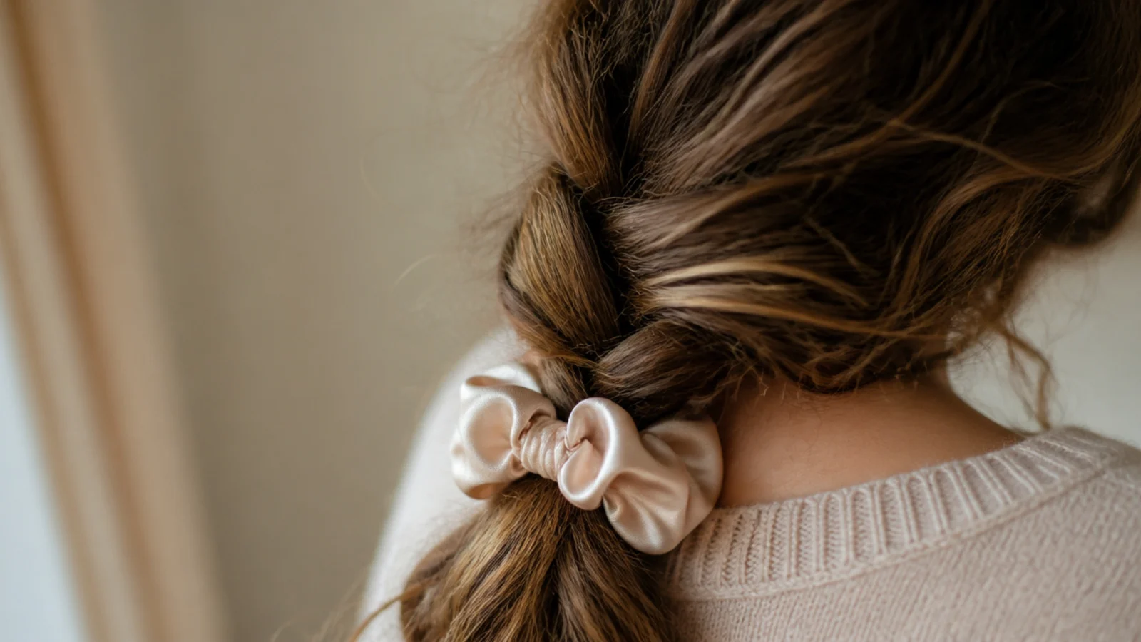 One loose low braid tied with a satin scrunchie to protect frizzy wavy hair overnight