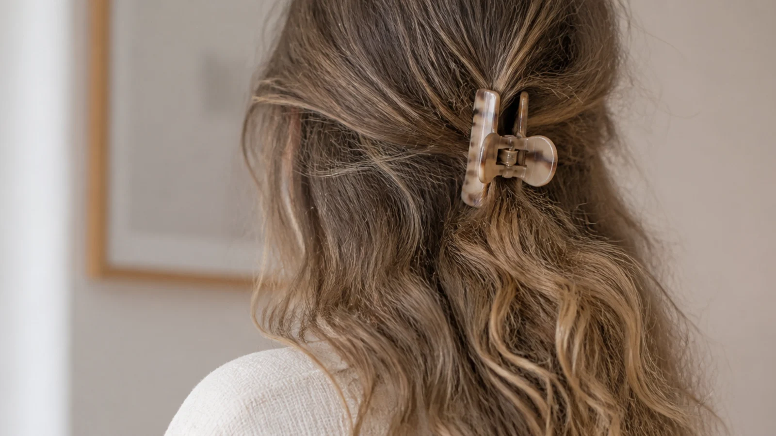 Half up claw clip holding the top section of frizzy wavy hair with waves left loose below