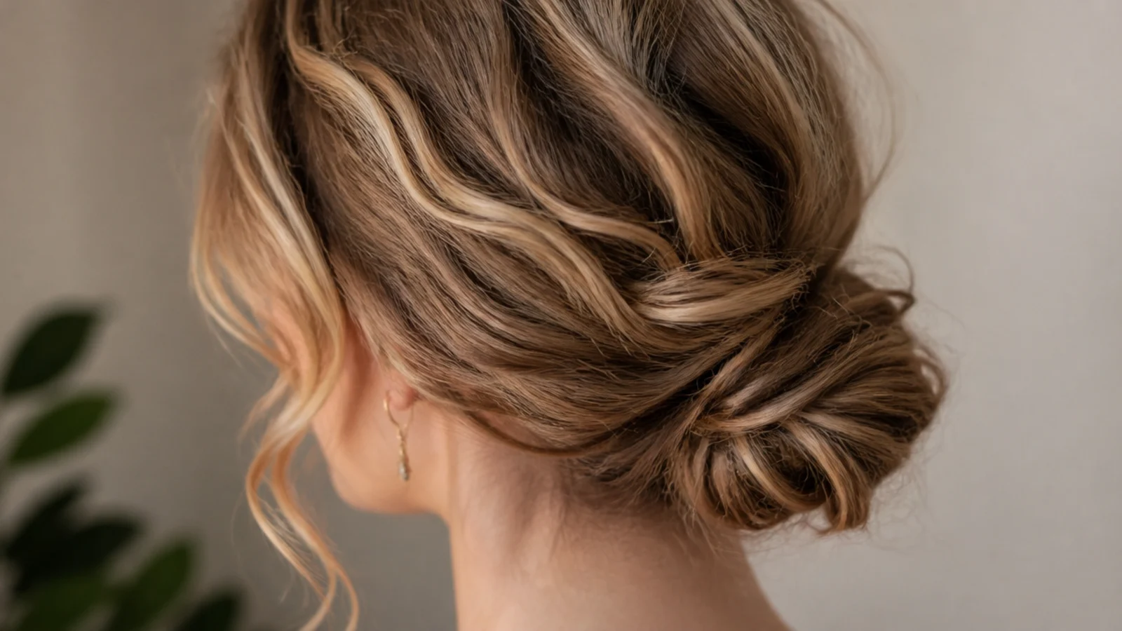Low bun on wavy hair with two loose wavy front pieces framing the face and no slick gel line