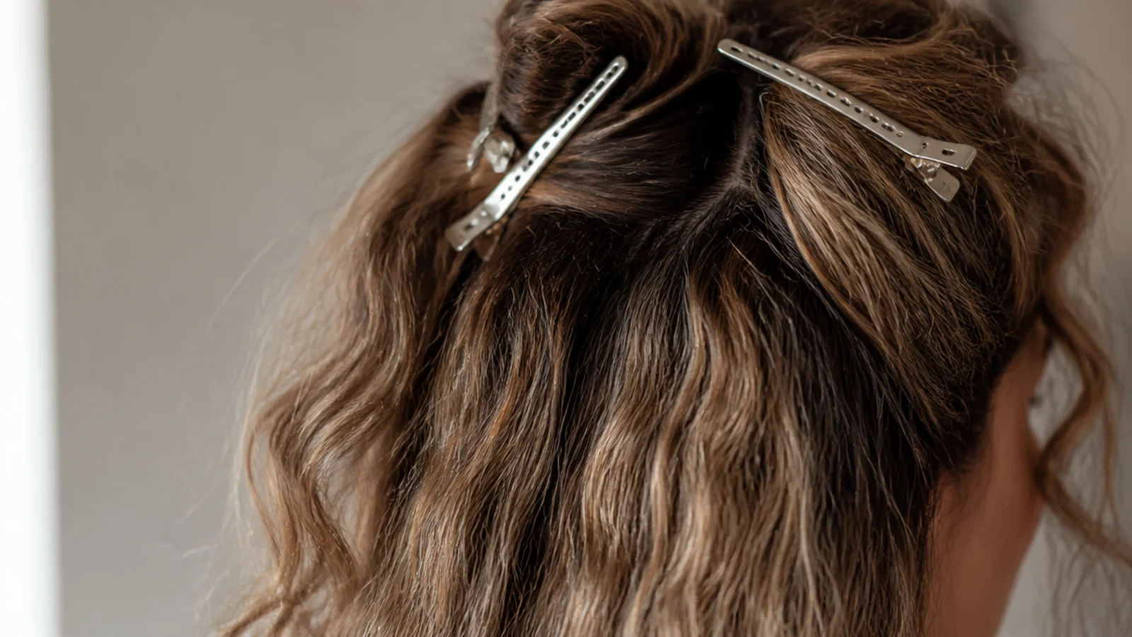 Small metal duckbill clips lifting the roots of frizzy wavy hair while it air dries