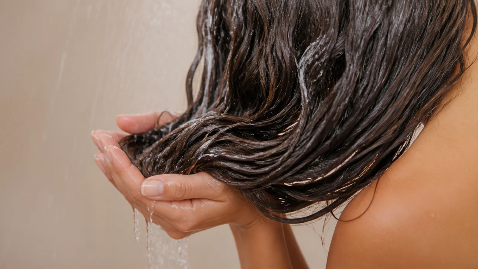 Water being cupped and squished up into conditioner-coated wavy hair in the shower