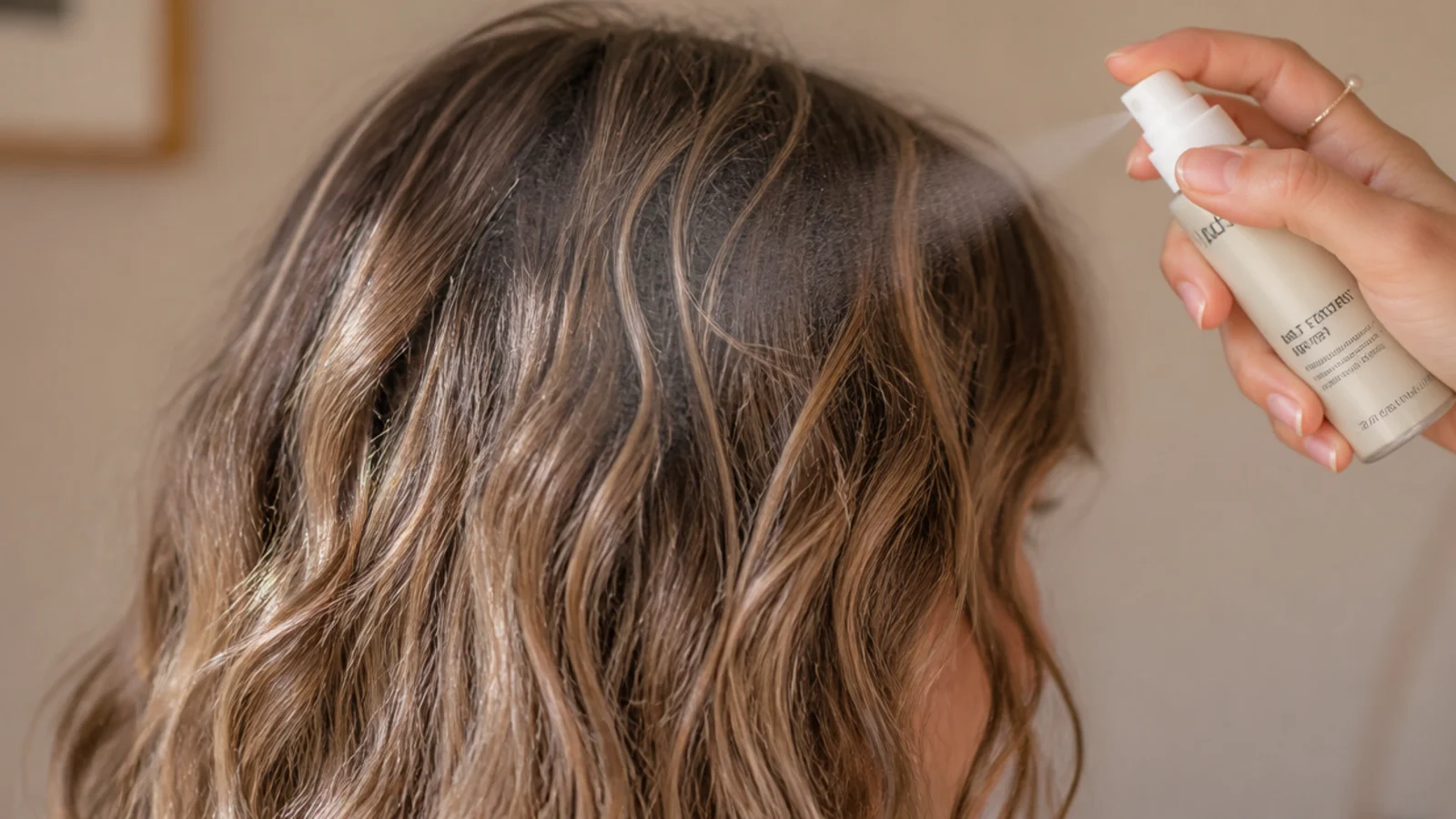 Salt free texture spray misted onto fine 2A wavy hair for beachy waves without frizz