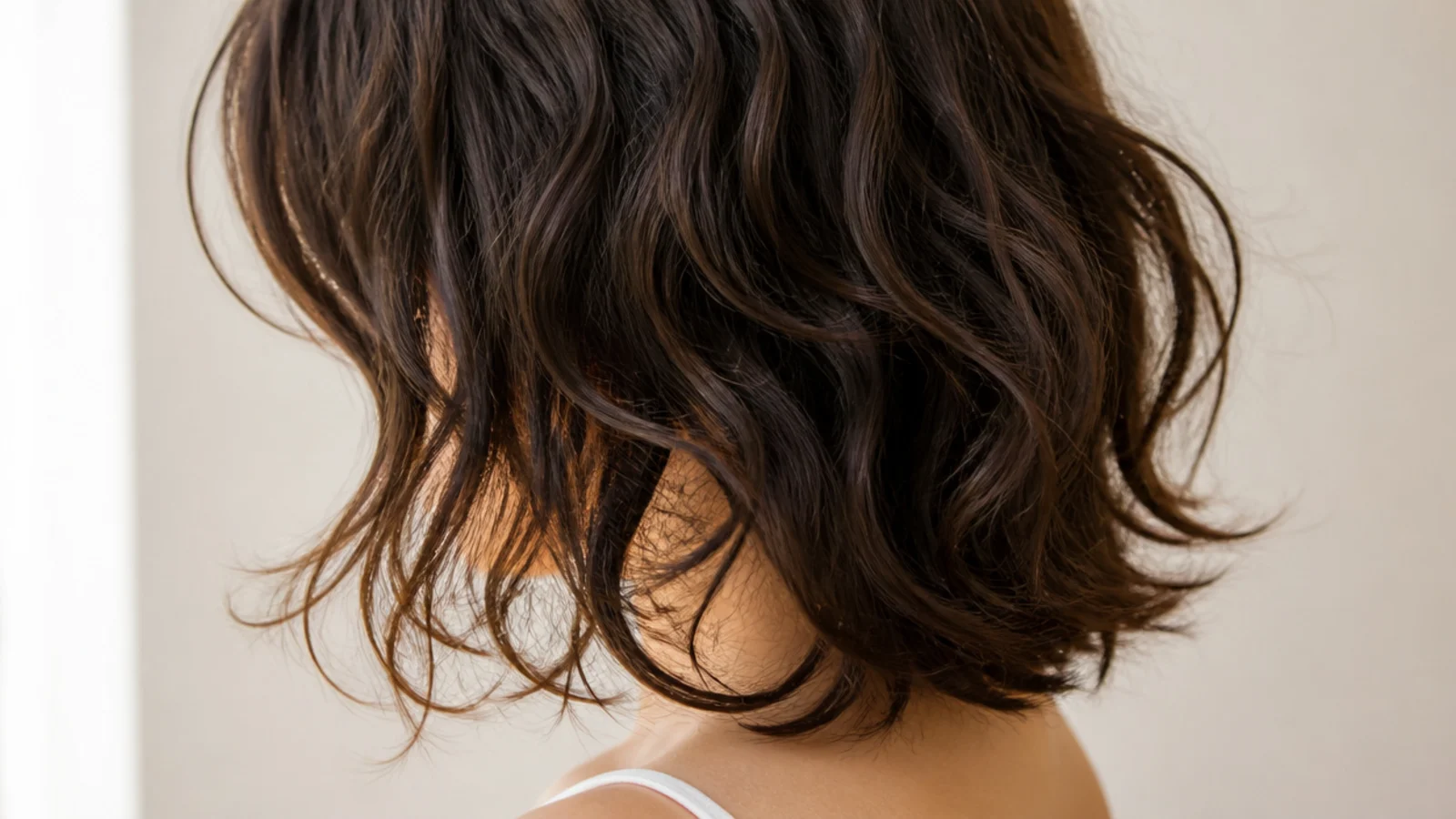 Collarbone length wavy shag haircut with curtain bangs on frizzy 2B hair