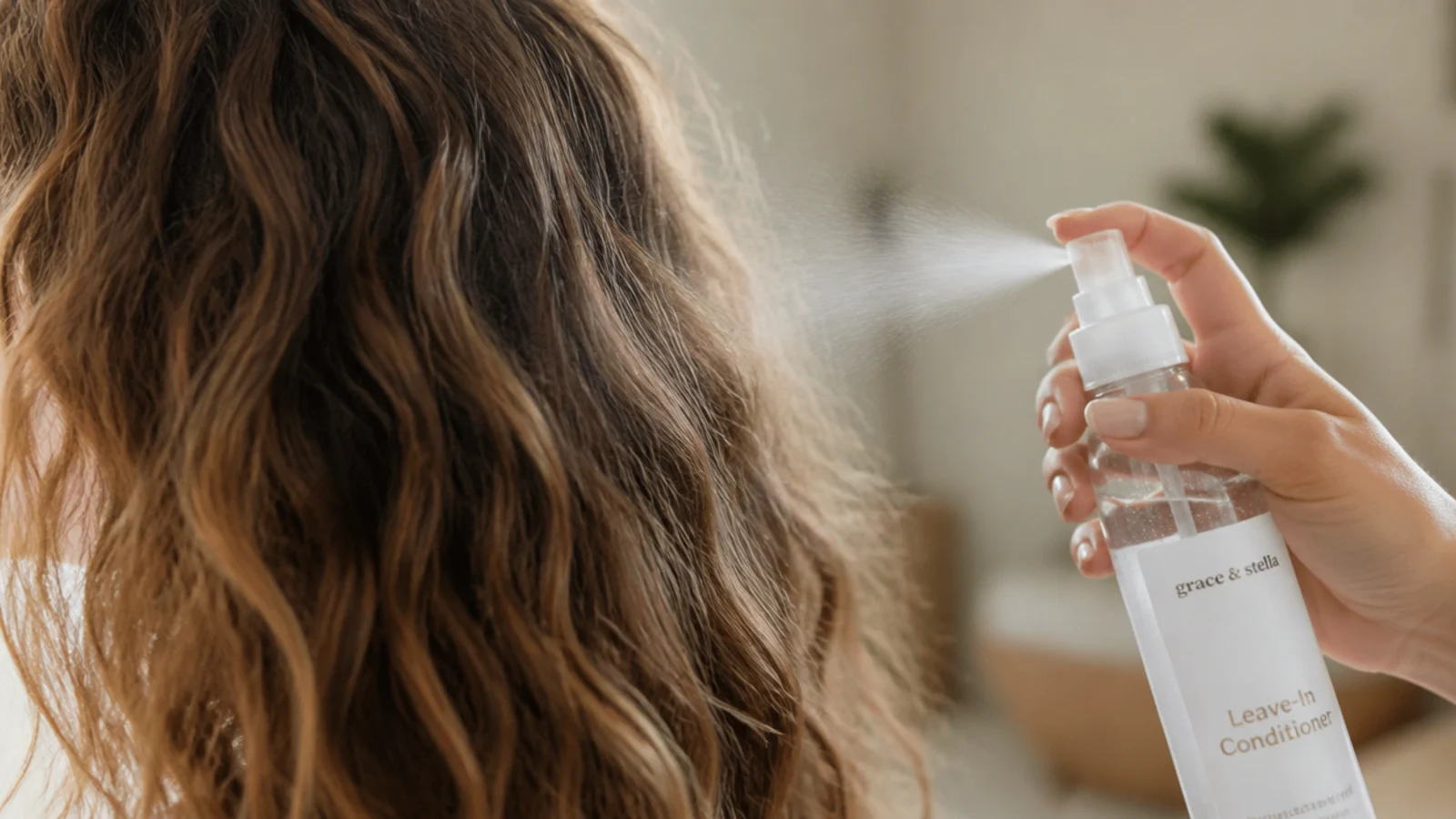 Spray bottle of water and leave-in conditioner misting day two frizzy wavy hair to reshape waves