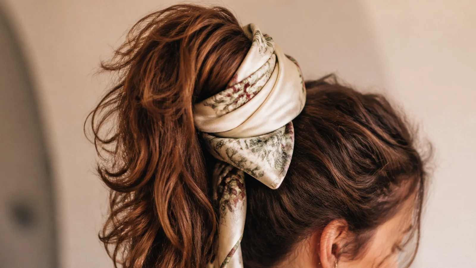 Long wavy hair gathered into a loose high pineapple and wrapped in a silk scarf for sleep