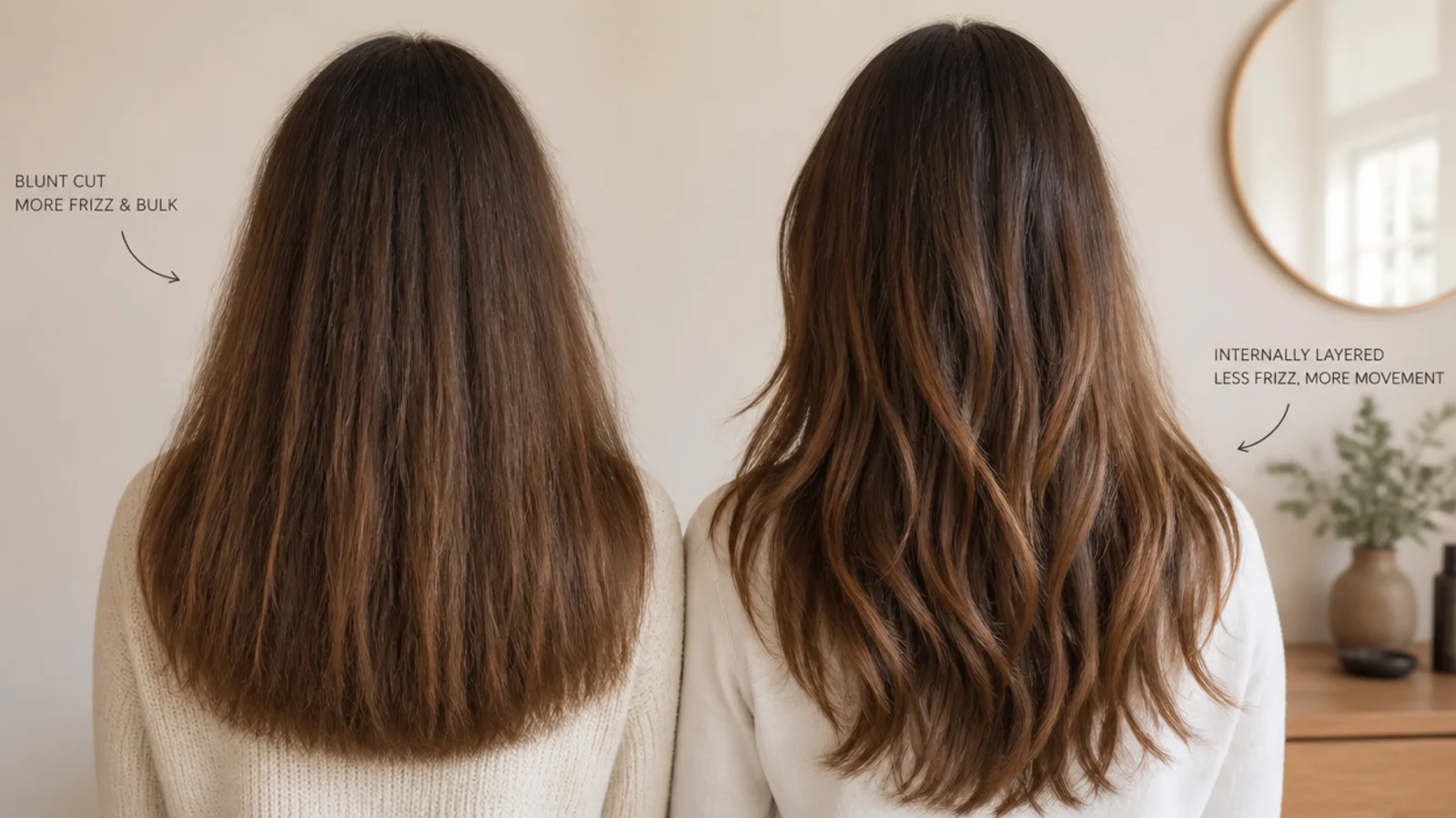 Blunt heavy ends compared with internally layered wavy hair showing which cut looks less frizzy