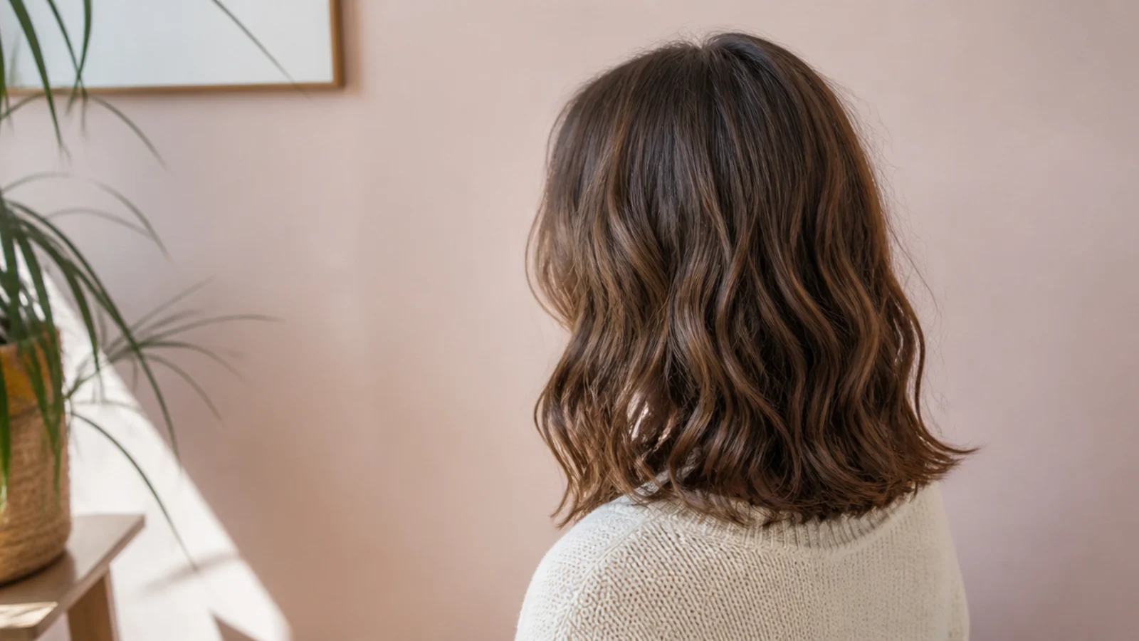 Frizzy wavy hair styled into defined shoulder length 2B waves with a soft middle part