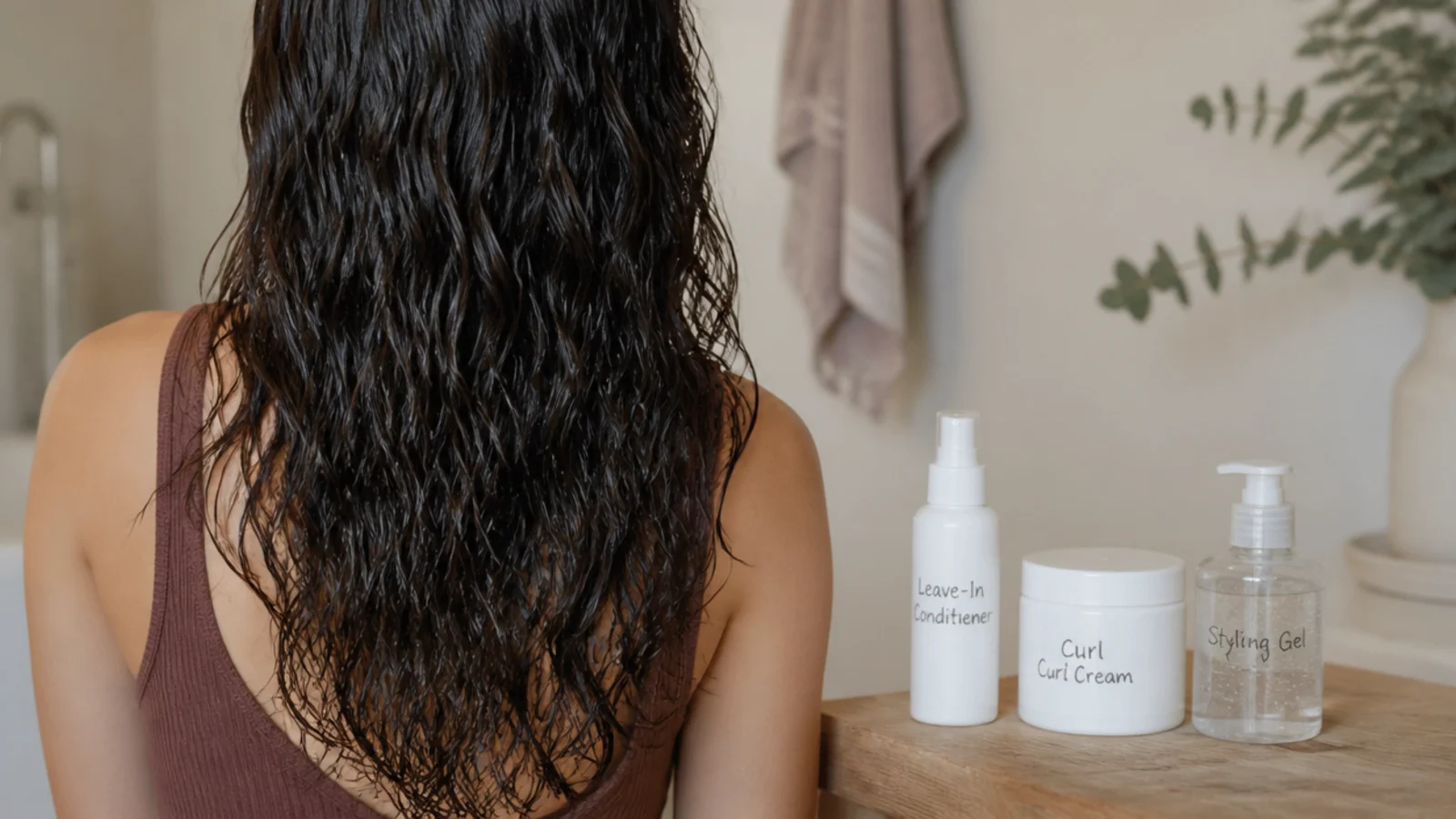 Leave-in conditioner, curl cream and styling gel layered in order on soaking wet wavy hair
