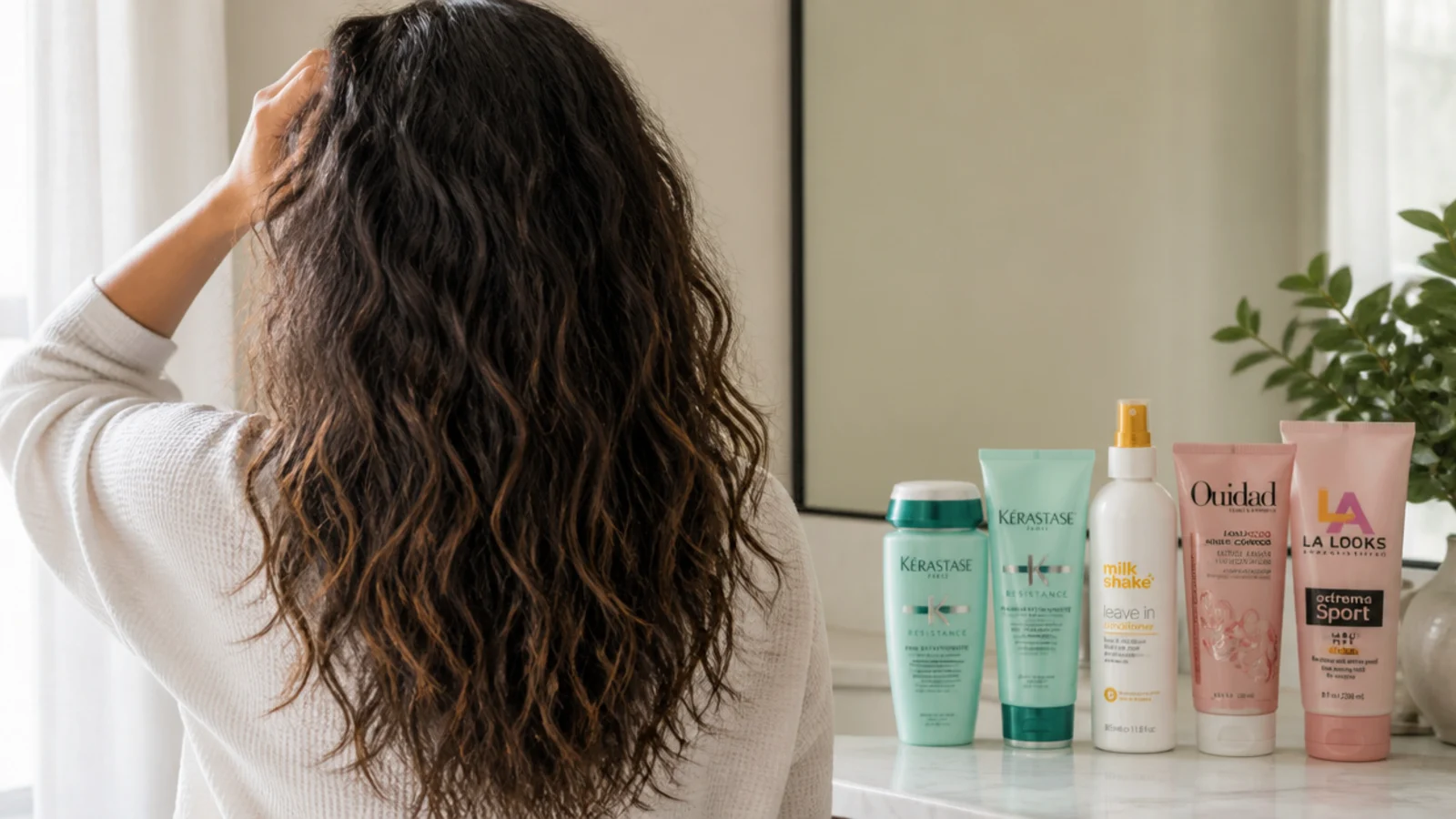 Shampoo, conditioner, leave-in, curl cream and gel lined up for a frizzy wavy hair wash day